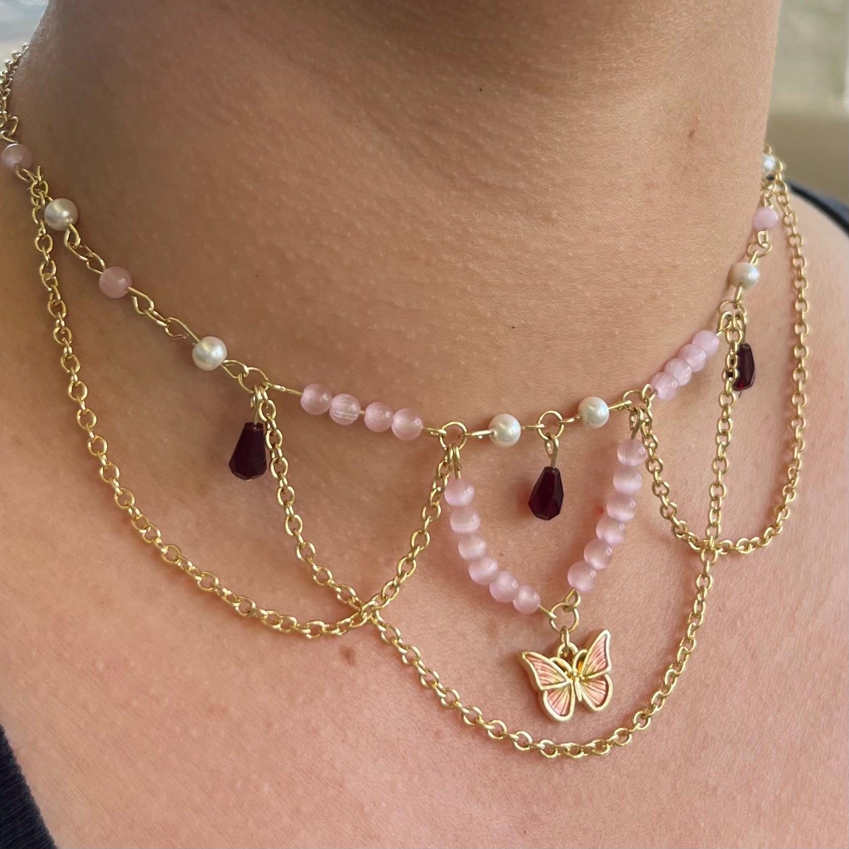 Monarch Melody: Butterfly Choker with Chain and Pink/Pearl Beading