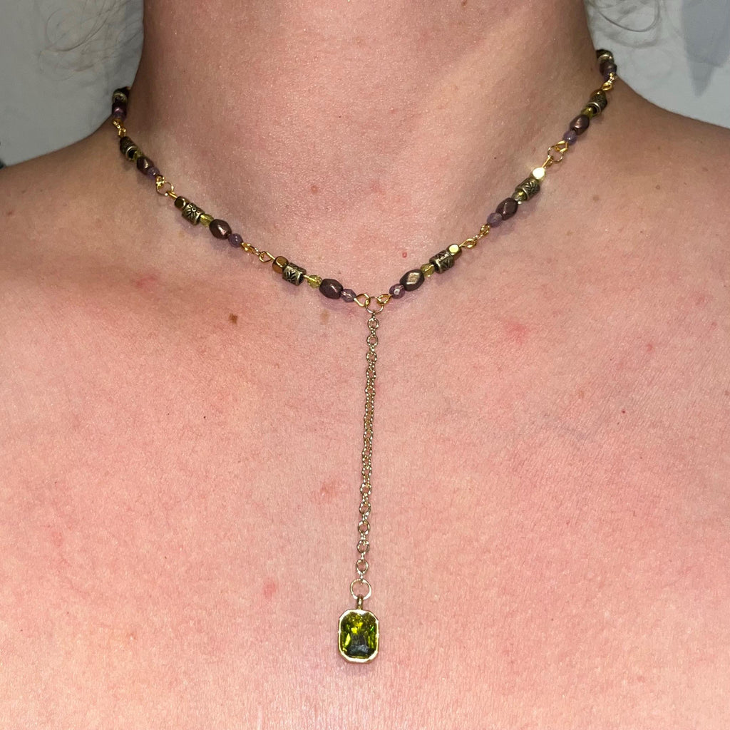 Sage Dewdrop Choker Necklace: Green Jewel Pendant Necklace with Gold, Purple, and Green Beading