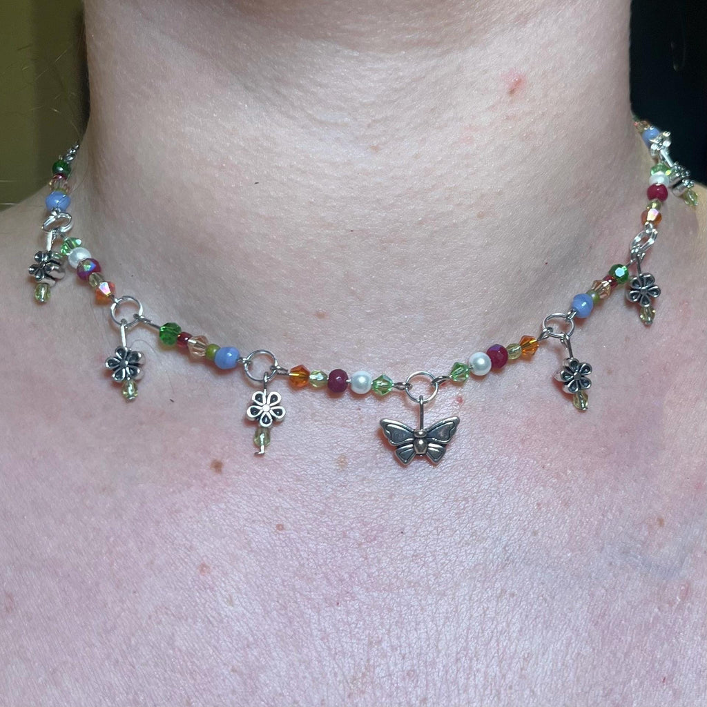 Spring Meadows: Flower Choker Necklace with Colorful Beading and Butterfly Center Piece
