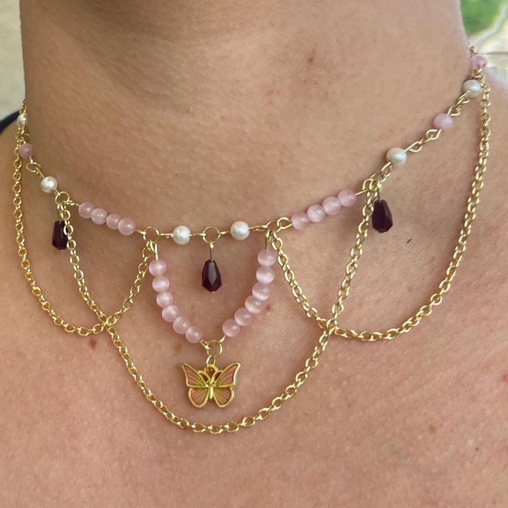 Monarch Melody: Butterfly Choker with Chain and Pink/Pearl Beading