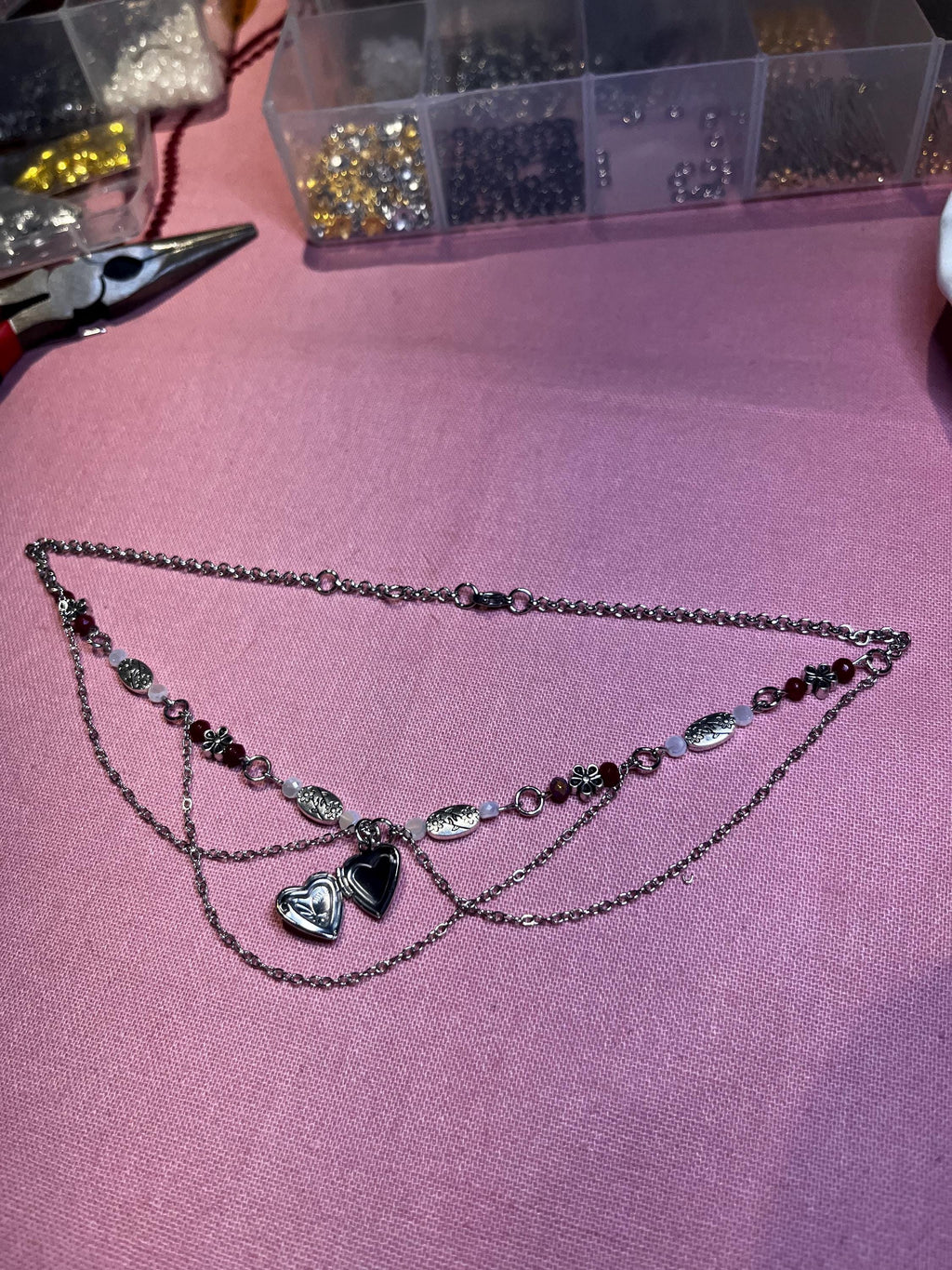 Silver Secret: Silver Locket Necklace with Silver Chain and Flower Beading