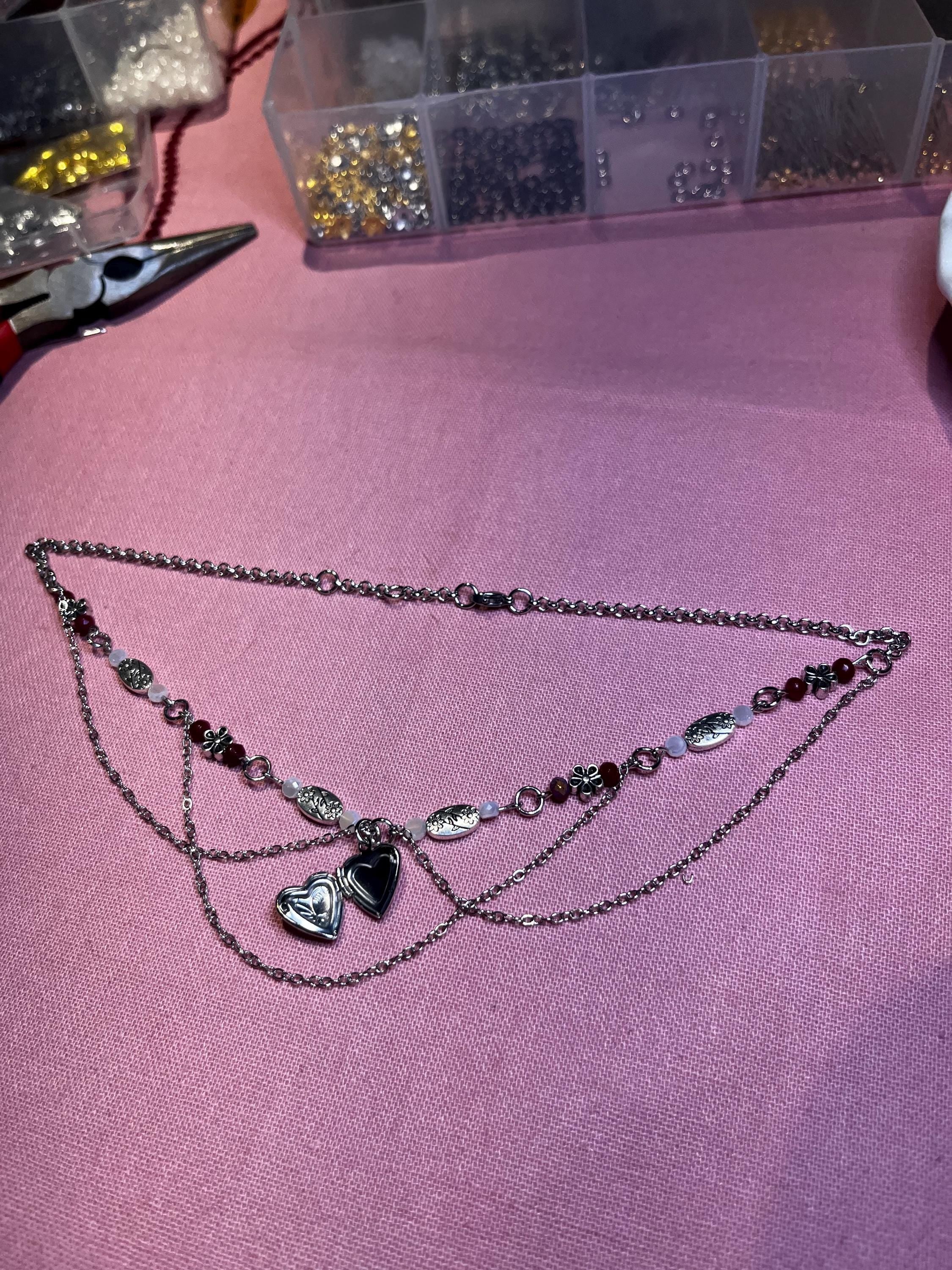 Silver Secret: Silver Locket Necklace with Silver Chain and Flower Beading