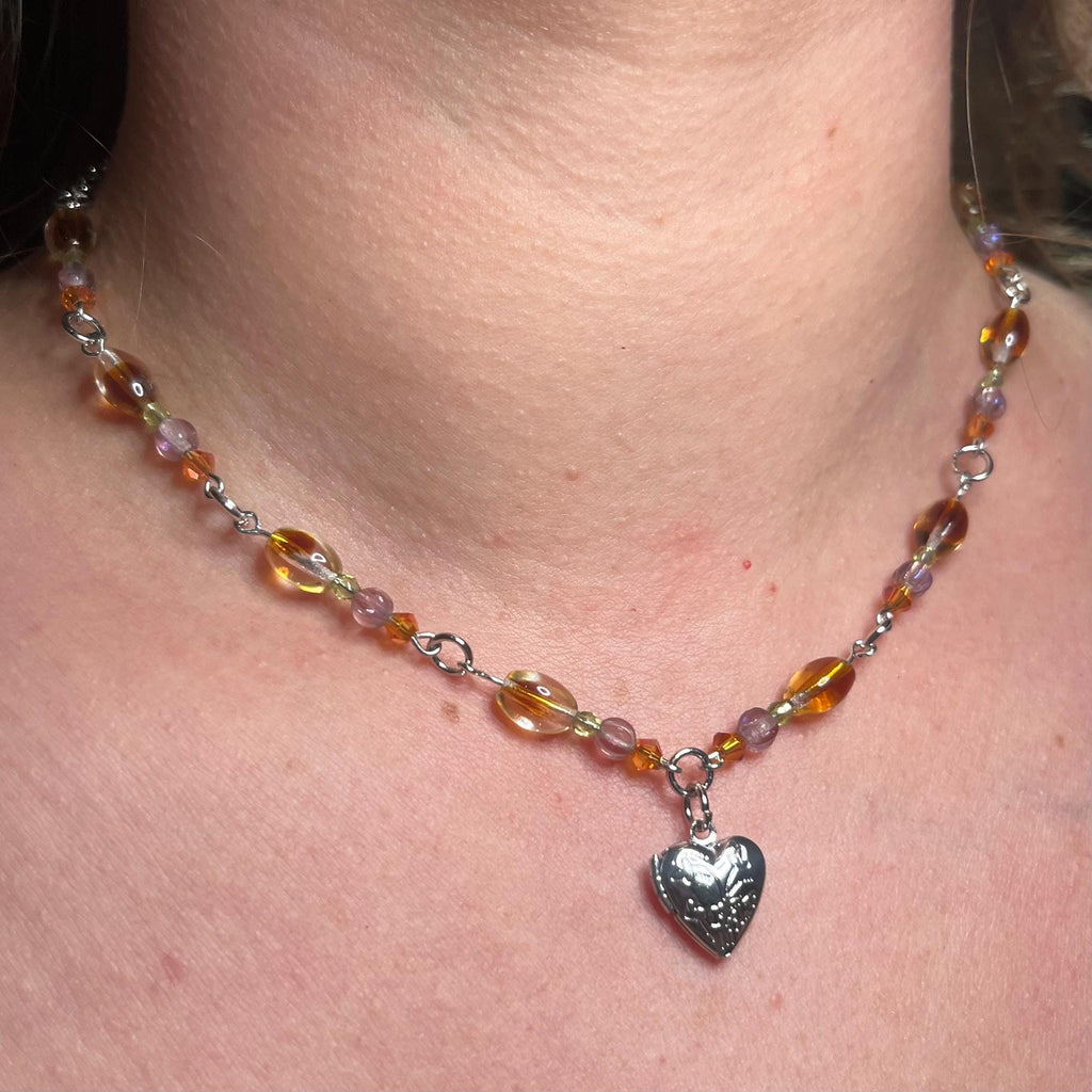 Pixie-Pocket Locket Necklace: Silver Locket Necklace with Earthy Toned Beading