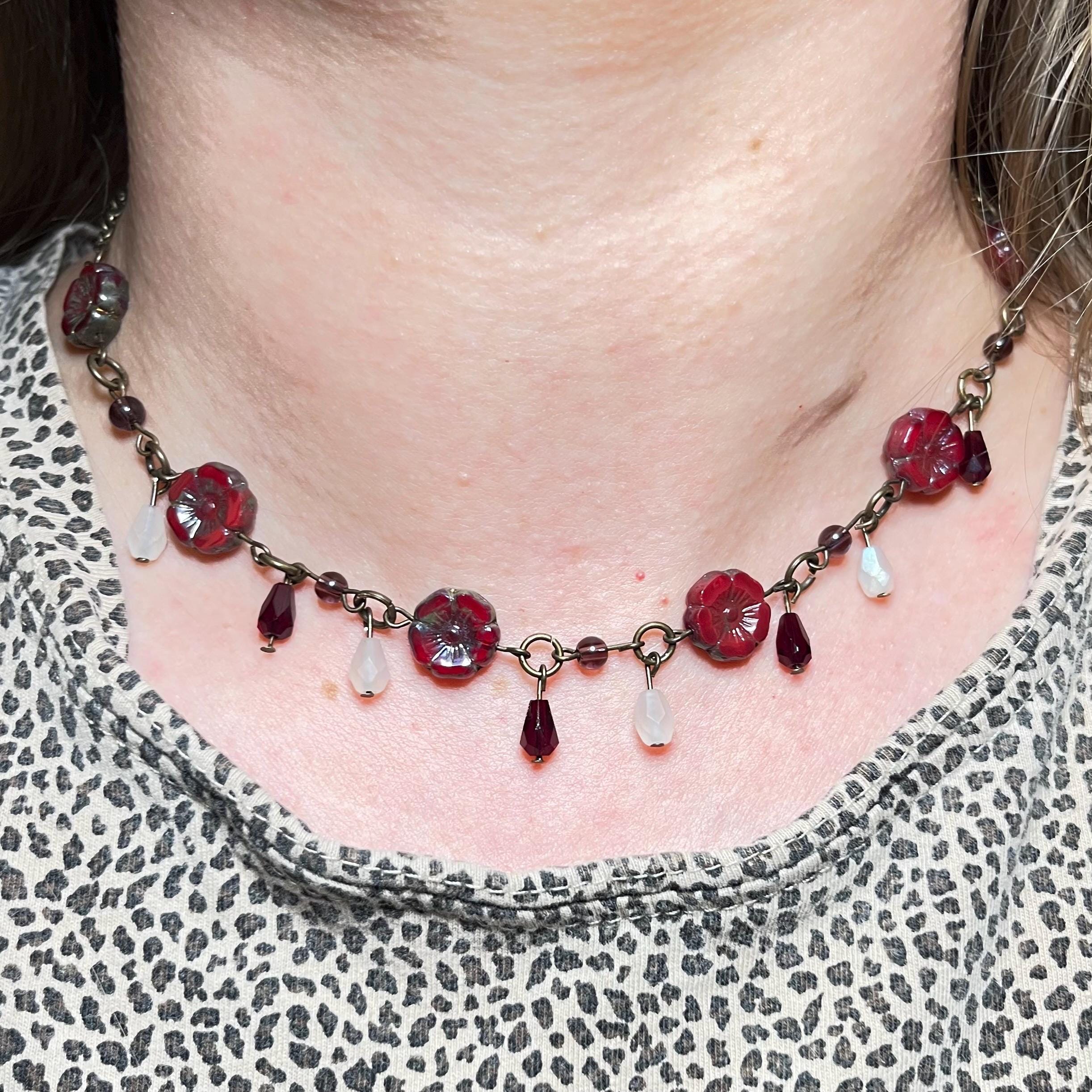 Red Flower Choker with White, Purple and Maroon beading