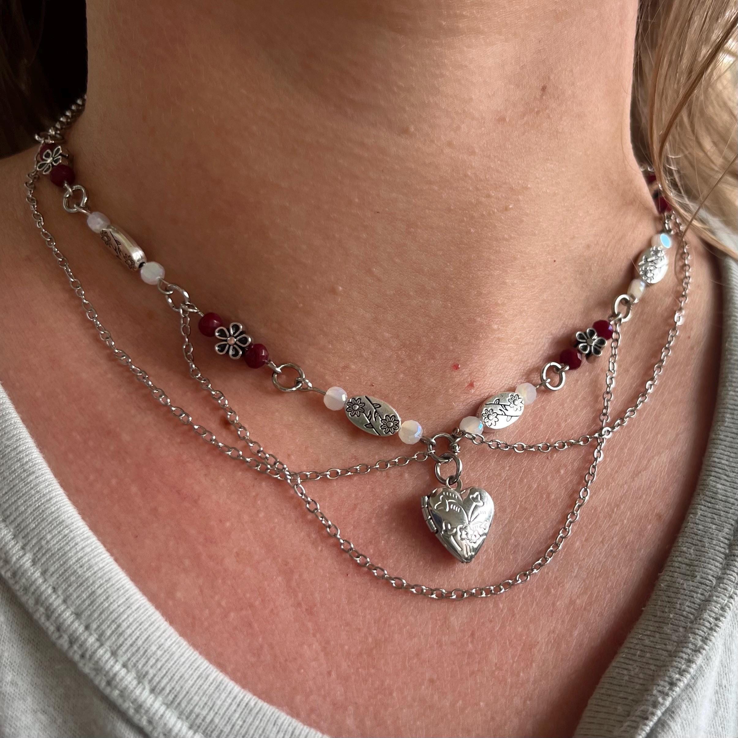 Silver Secret: Silver Locket Necklace with Silver Chain and Flower Beading