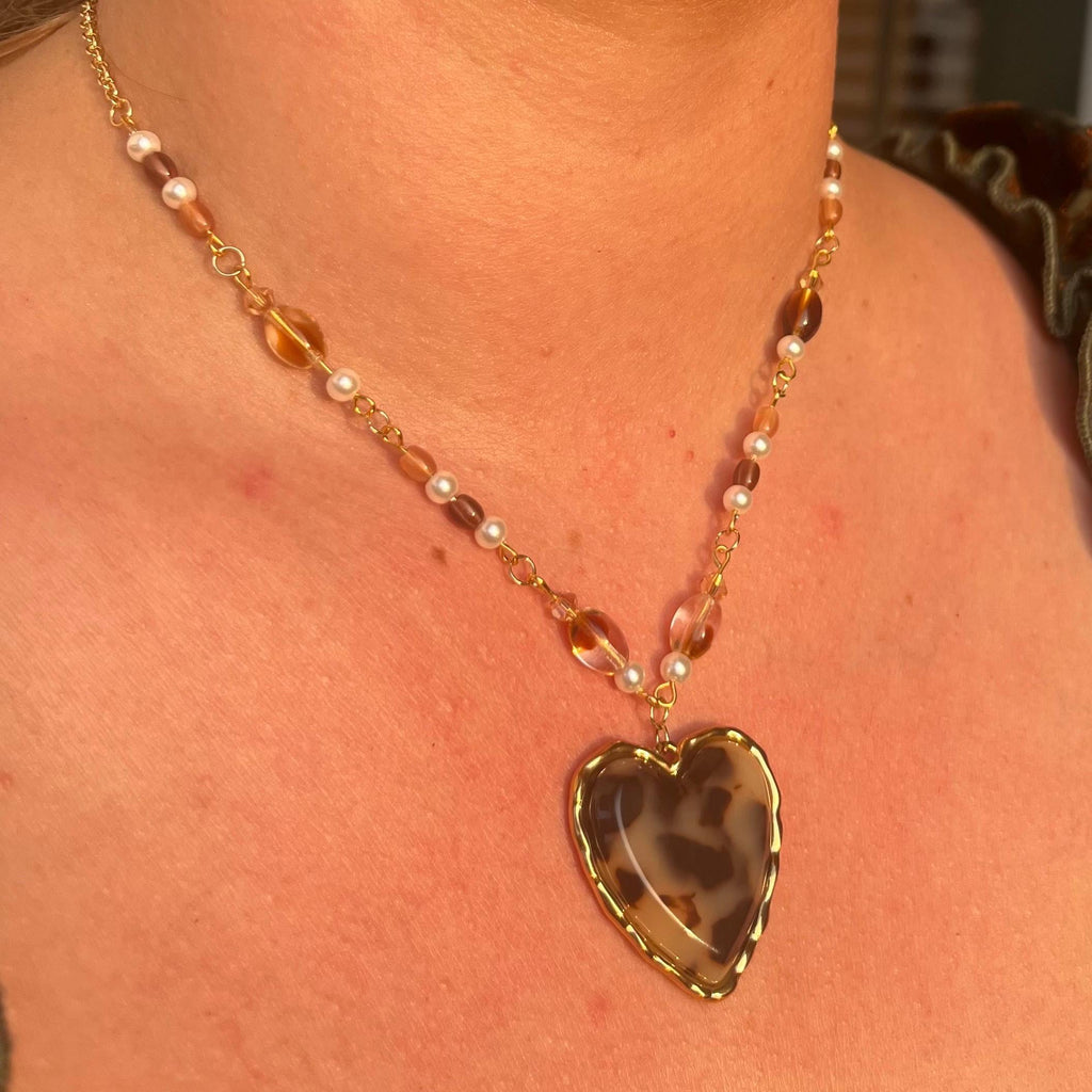 Honey-Bee Heart Necklace: Tortoise Shell Heart Necklace with Faux Pearl and Earth Tone Beading