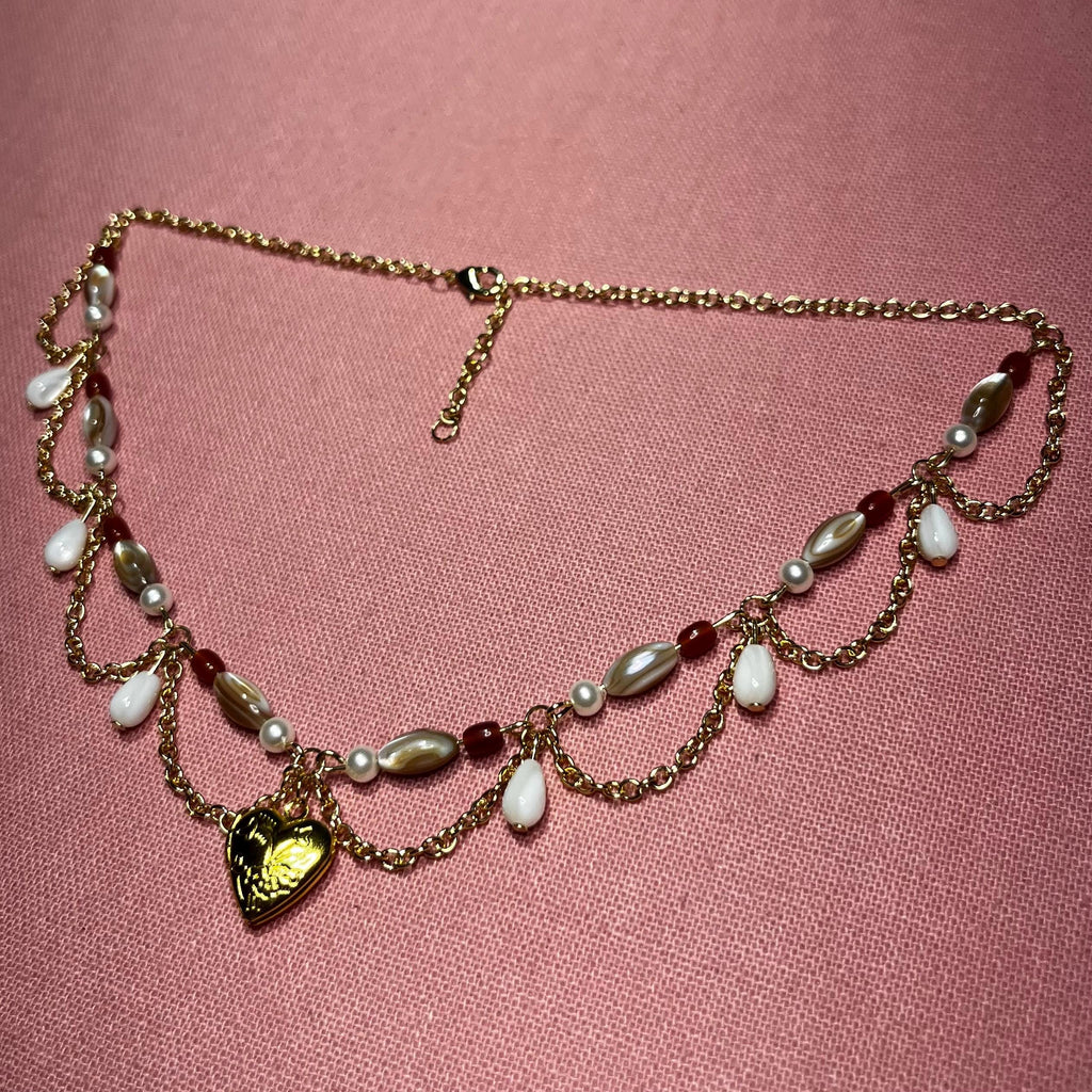 Darling Dynasty: Gold Heart Locket Necklace with Gold Chain and White/Amber Beading