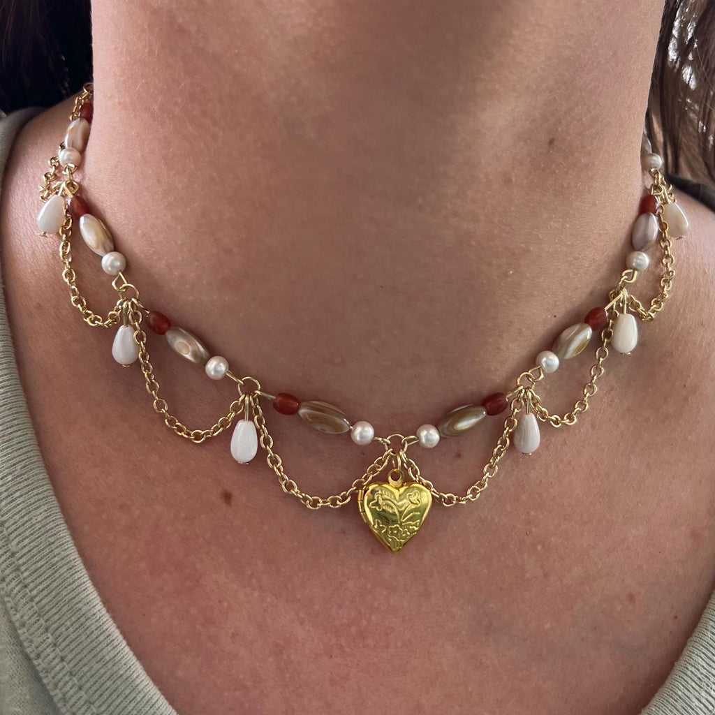 Darling Dynasty: Gold Heart Locket Necklace with Gold Chain and White/Amber Beading