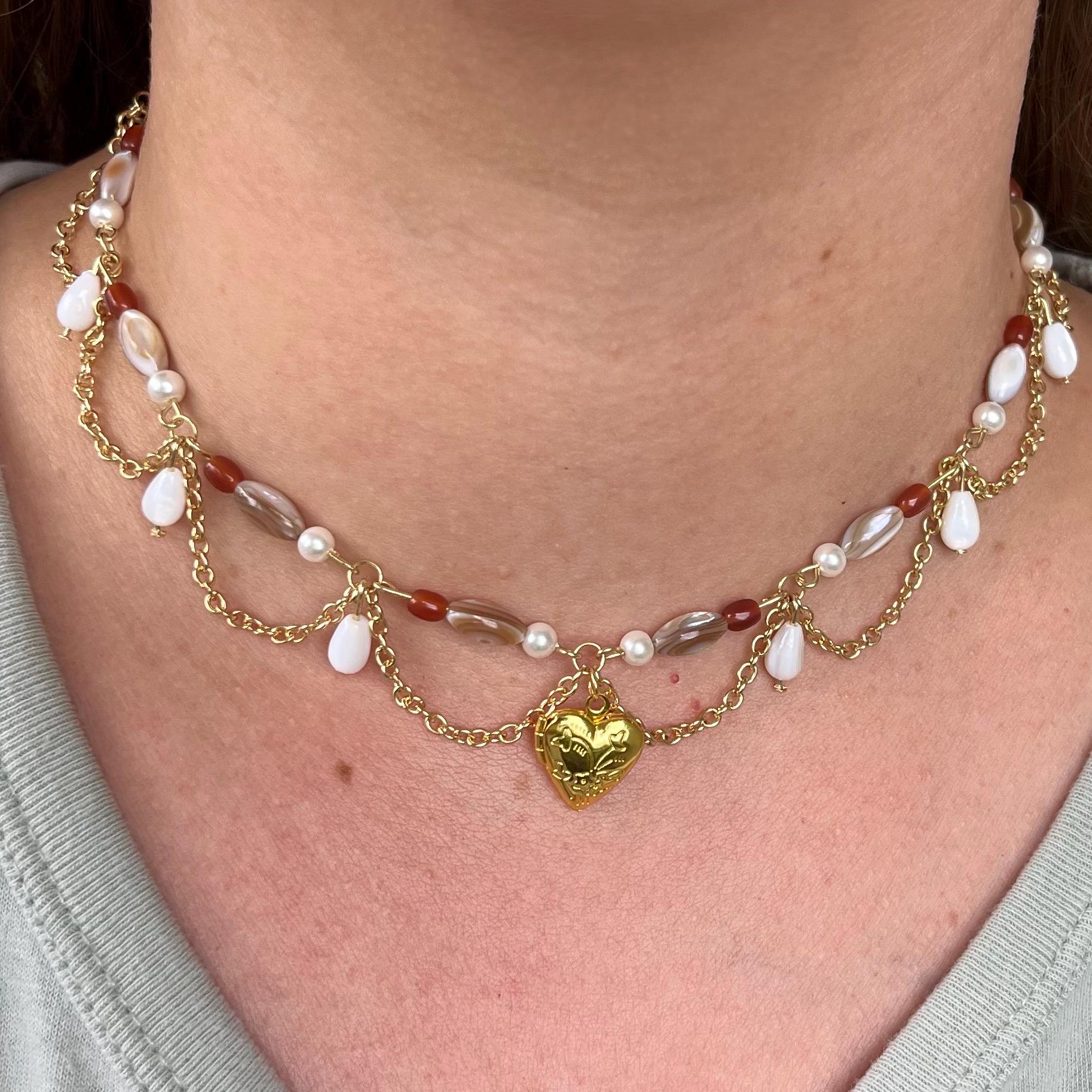 Darling Dynasty: Gold Heart Locket Necklace with Gold Chain and White/Amber Beading