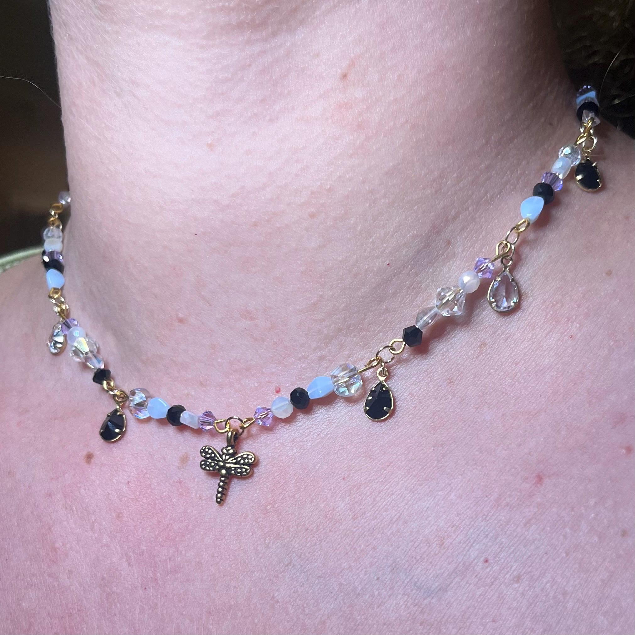 Midnight Meadow Necklace: Purple, Blue, and Black Beading with Dragonfly Pendant