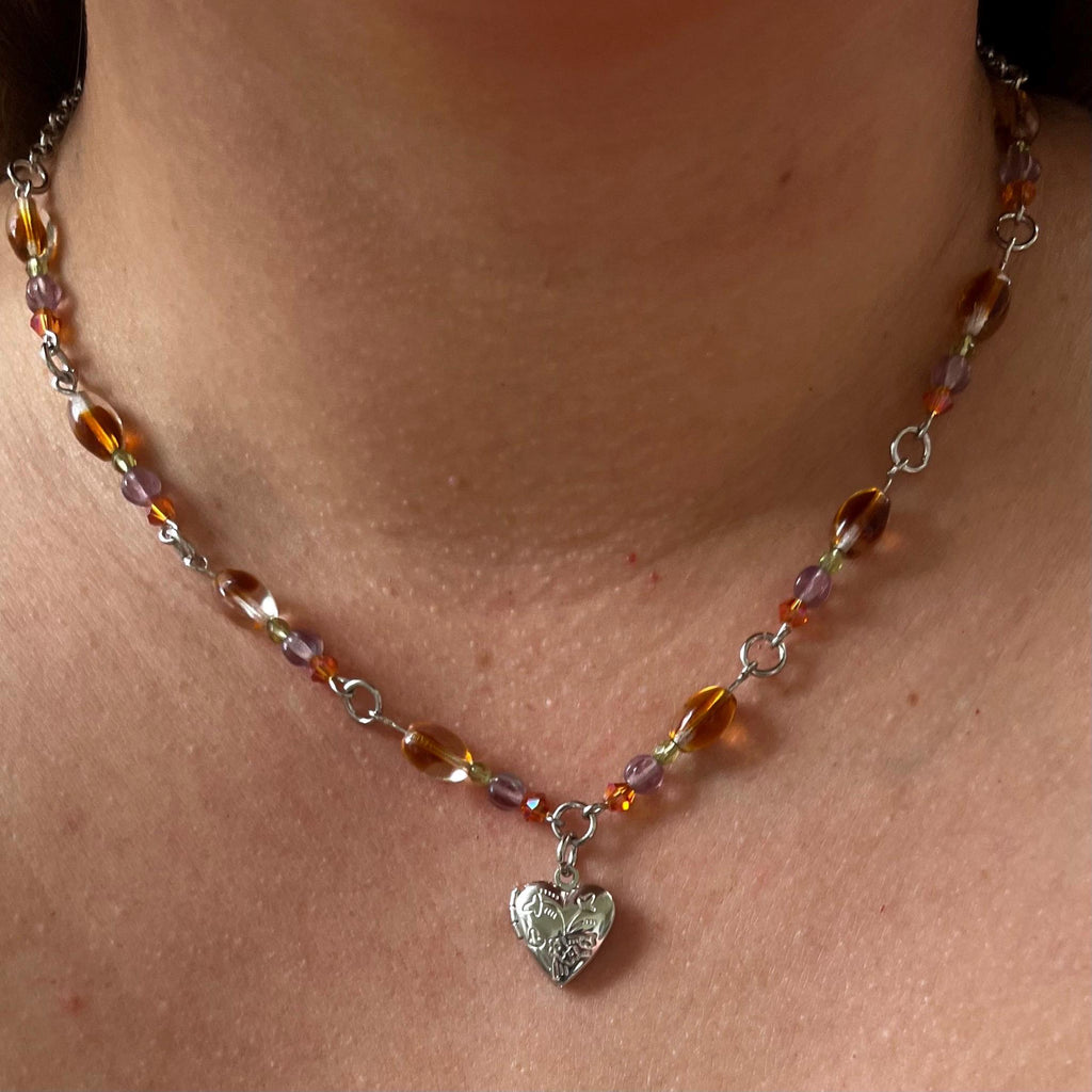 Pixie-Pocket Locket Necklace: Silver Locket Necklace with Earthy Toned Beading