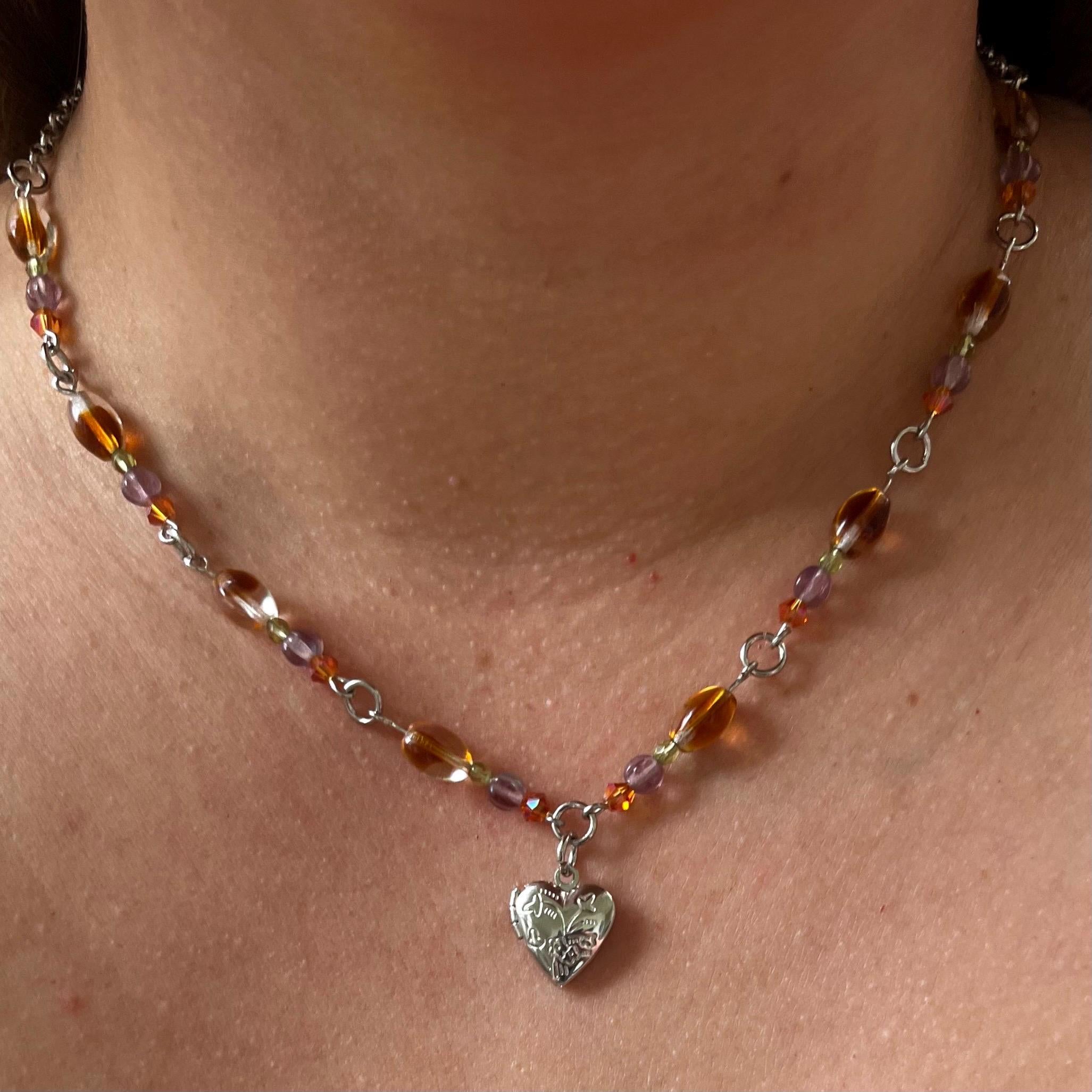 Pixie-Pocket Locket Necklace: Silver Locket Necklace with Earthy Toned Beading