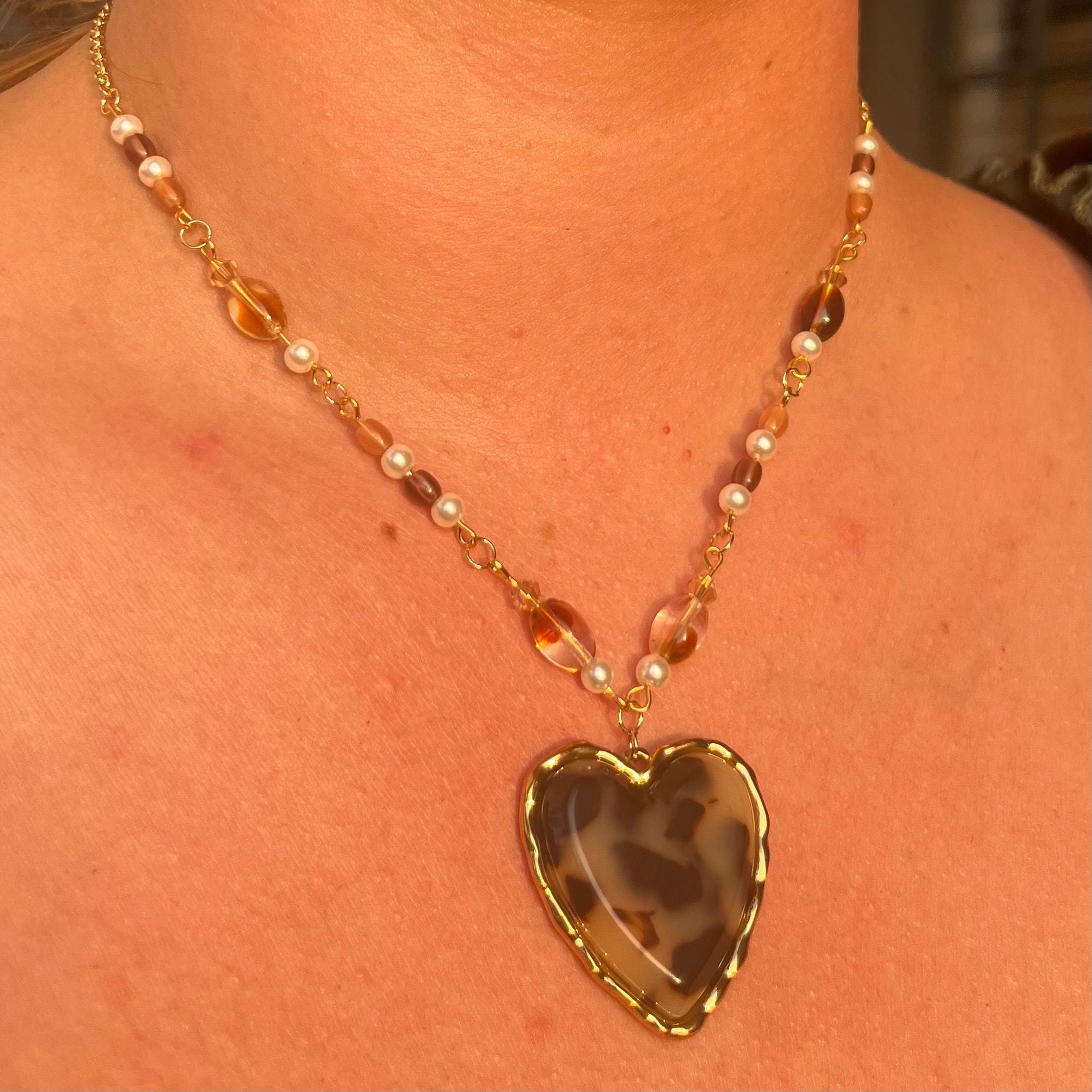 Honey-Bee Heart Necklace: Tortoise Shell Heart Necklace with Faux Pearl and Earth Tone Beading