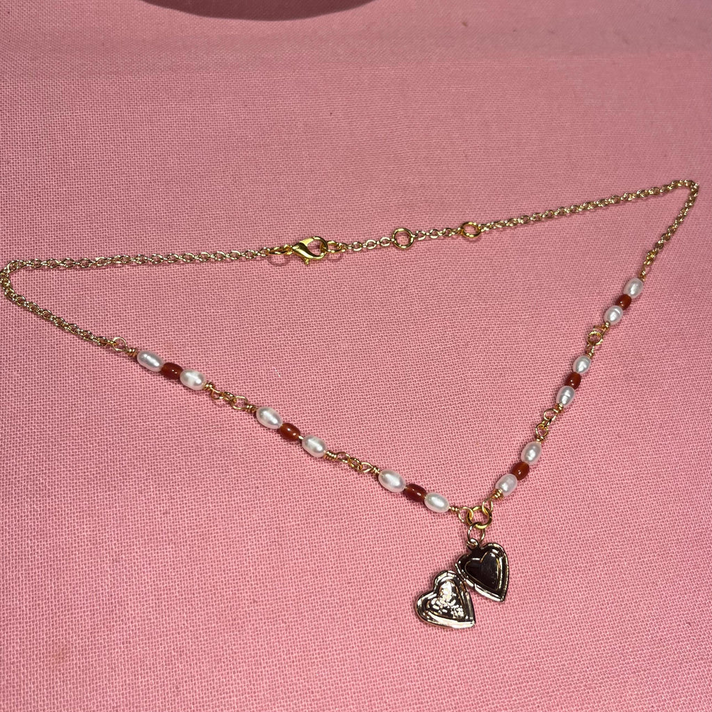 Heart of Gold Locket Necklace: With Freshwater Pearls and Amber Beading