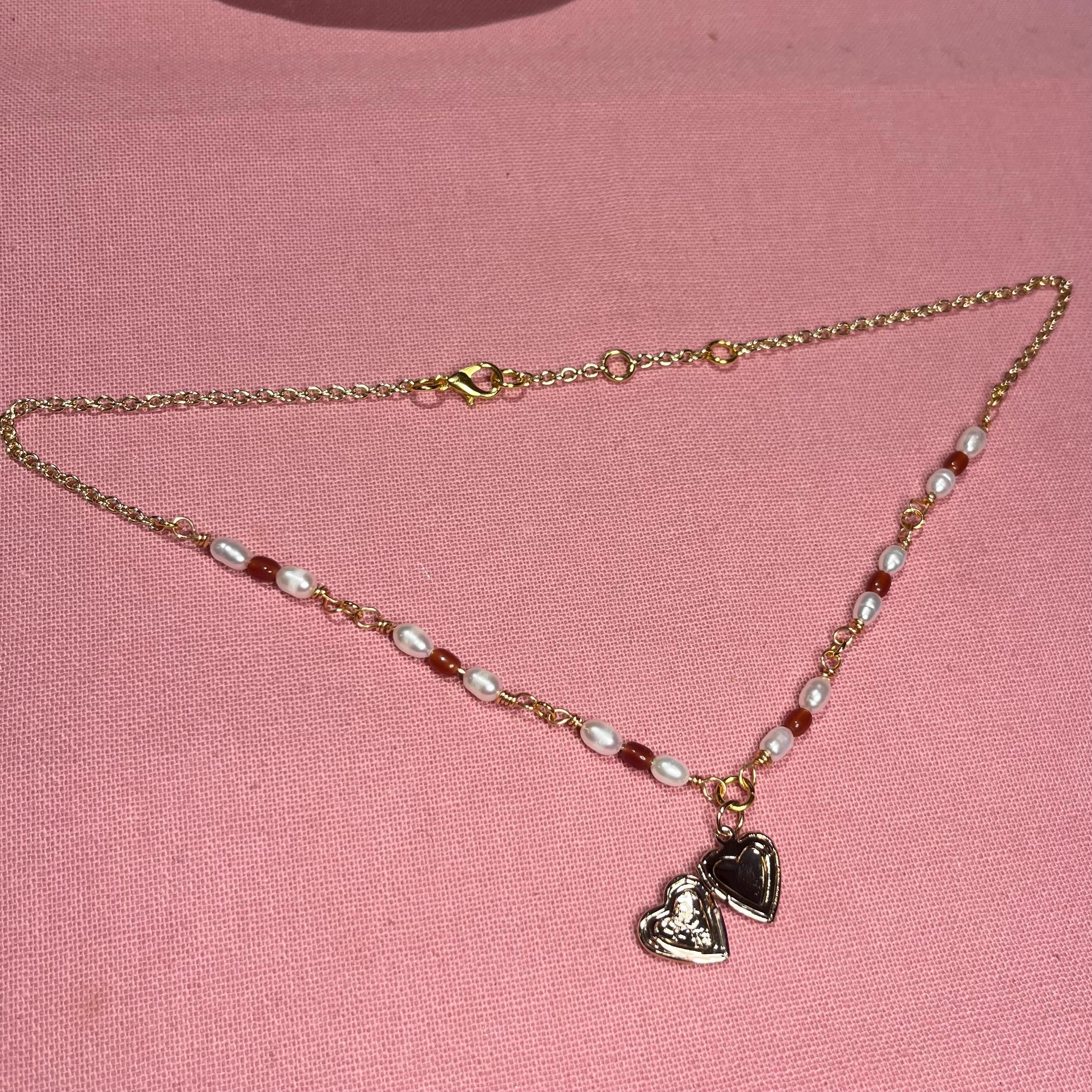 Heart of Gold Locket Necklace: With Freshwater Pearls and Amber Beading