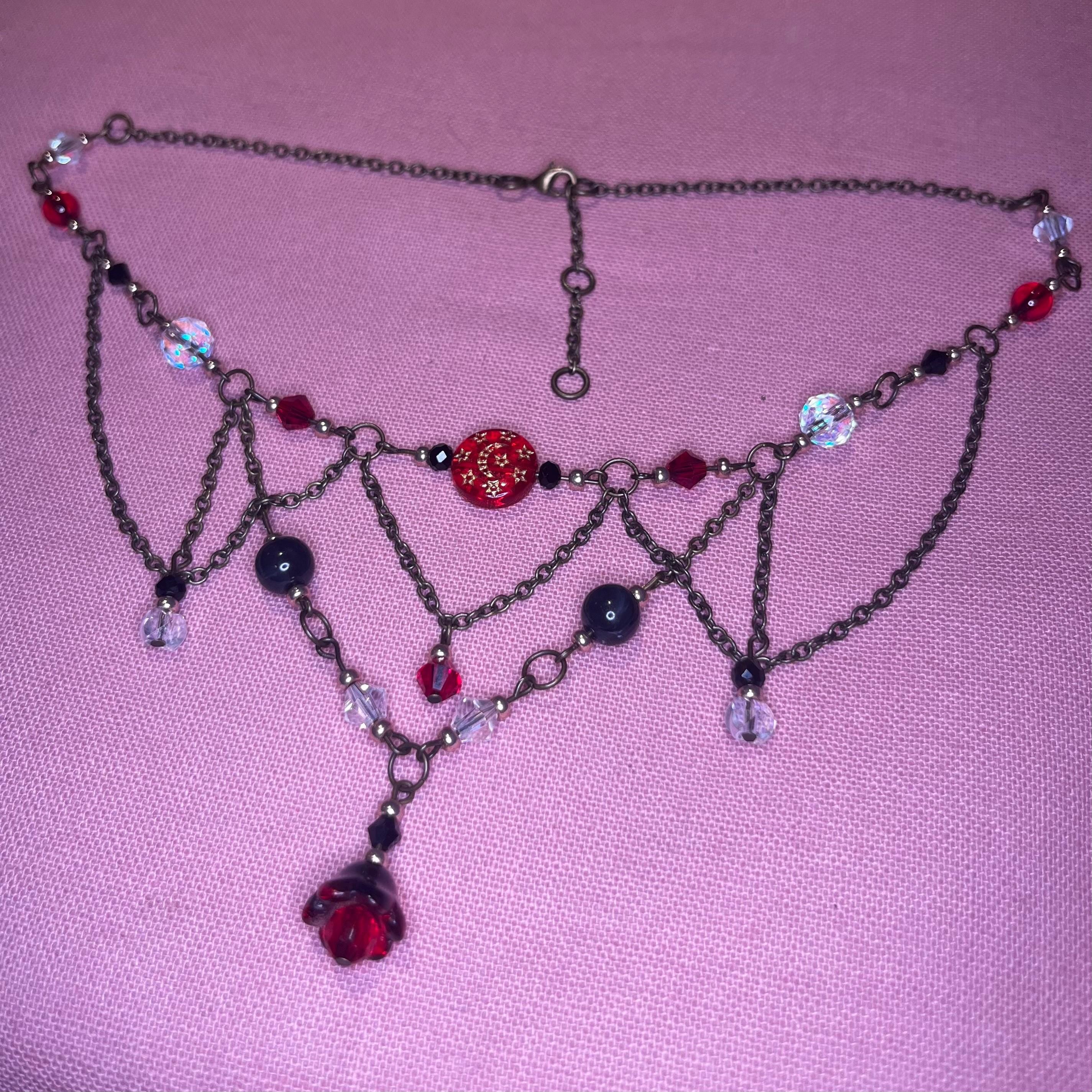 Sanguine Ballad: Red and Black Beaded Chain Choker Necklace