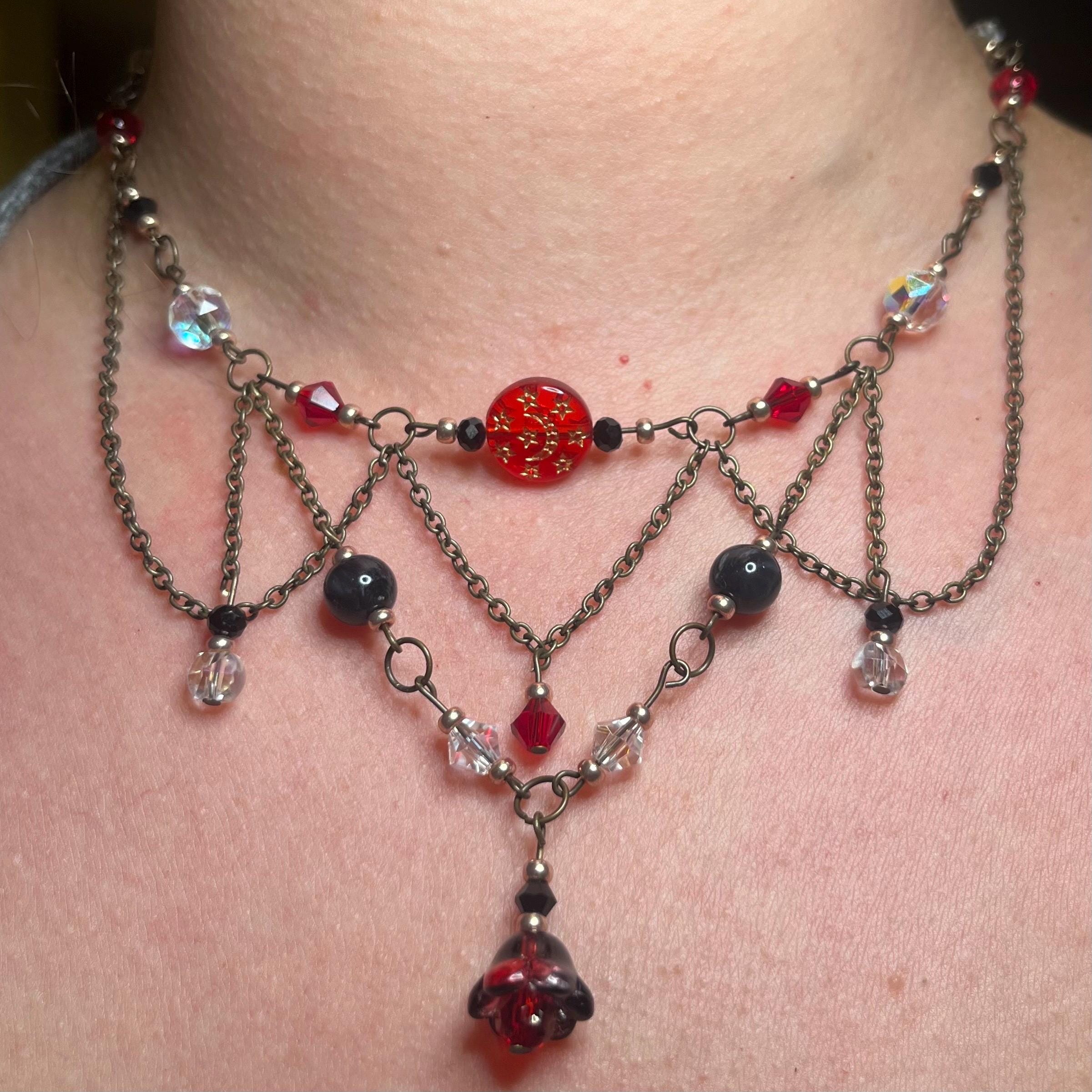 Sanguine Ballad: Red and Black Beaded Chain Choker Necklace
