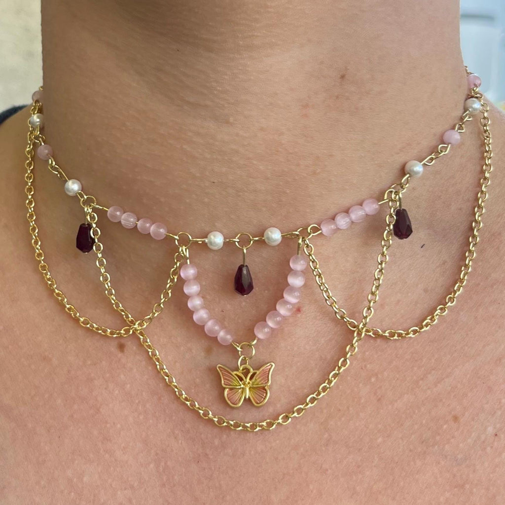 Monarch Melody: Butterfly Choker with Chain and Pink/Pearl Beading