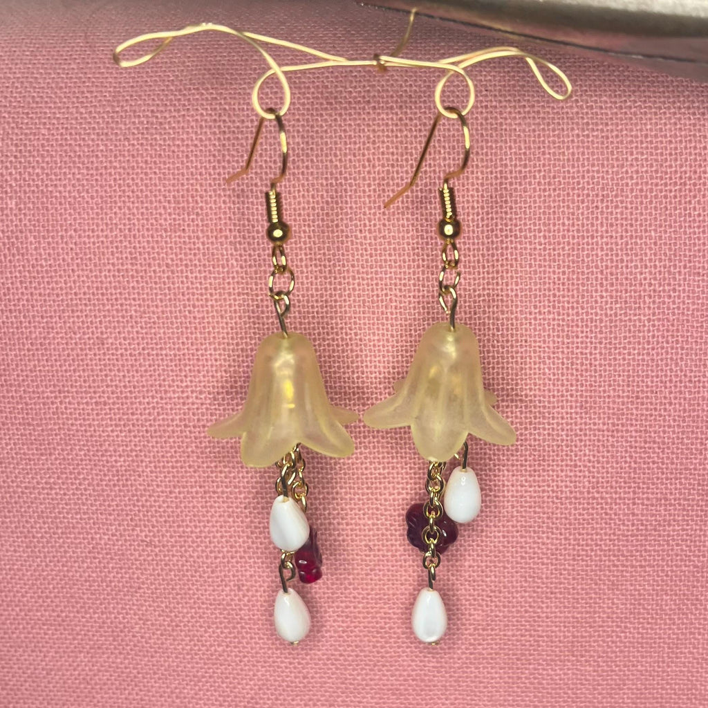 Morning Bellflower Dangle Earrings: Yellow Flower earrings with White Beads and Maroon Flowers