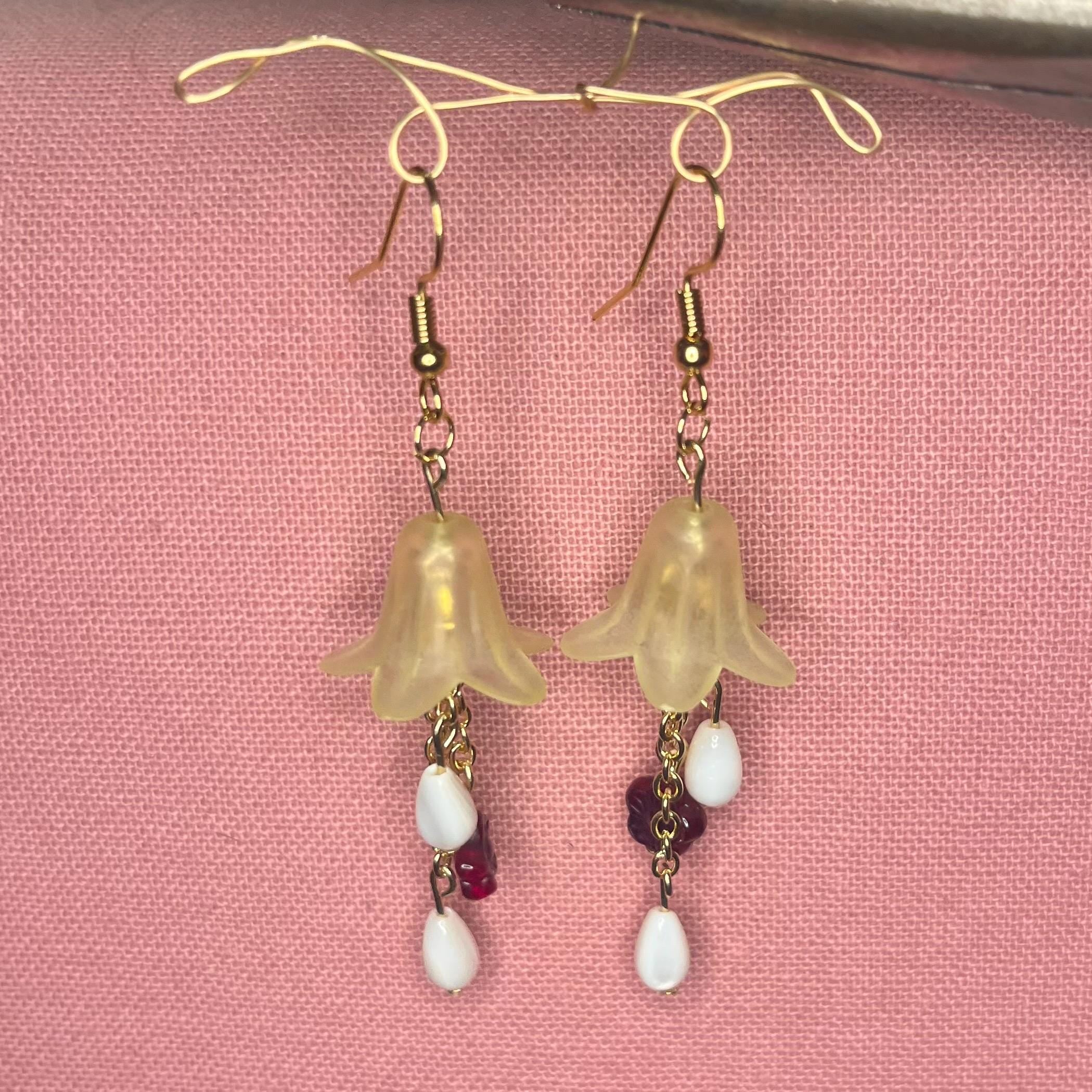 Morning Bellflower Dangle Earrings: Yellow Flower earrings with White Beads and Maroon Flowers
