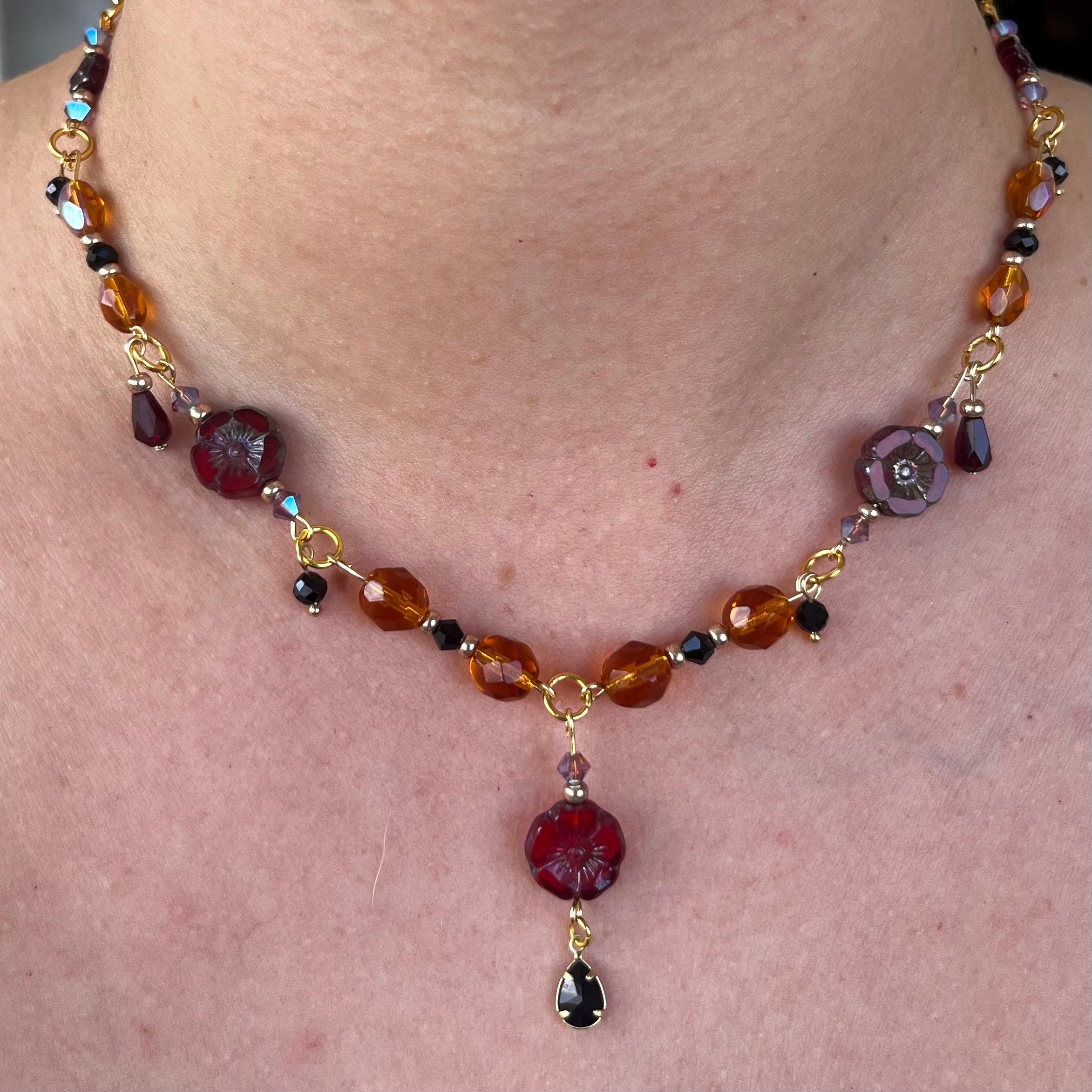 Red Flower: Maroon and Orange Gold Choker Necklace