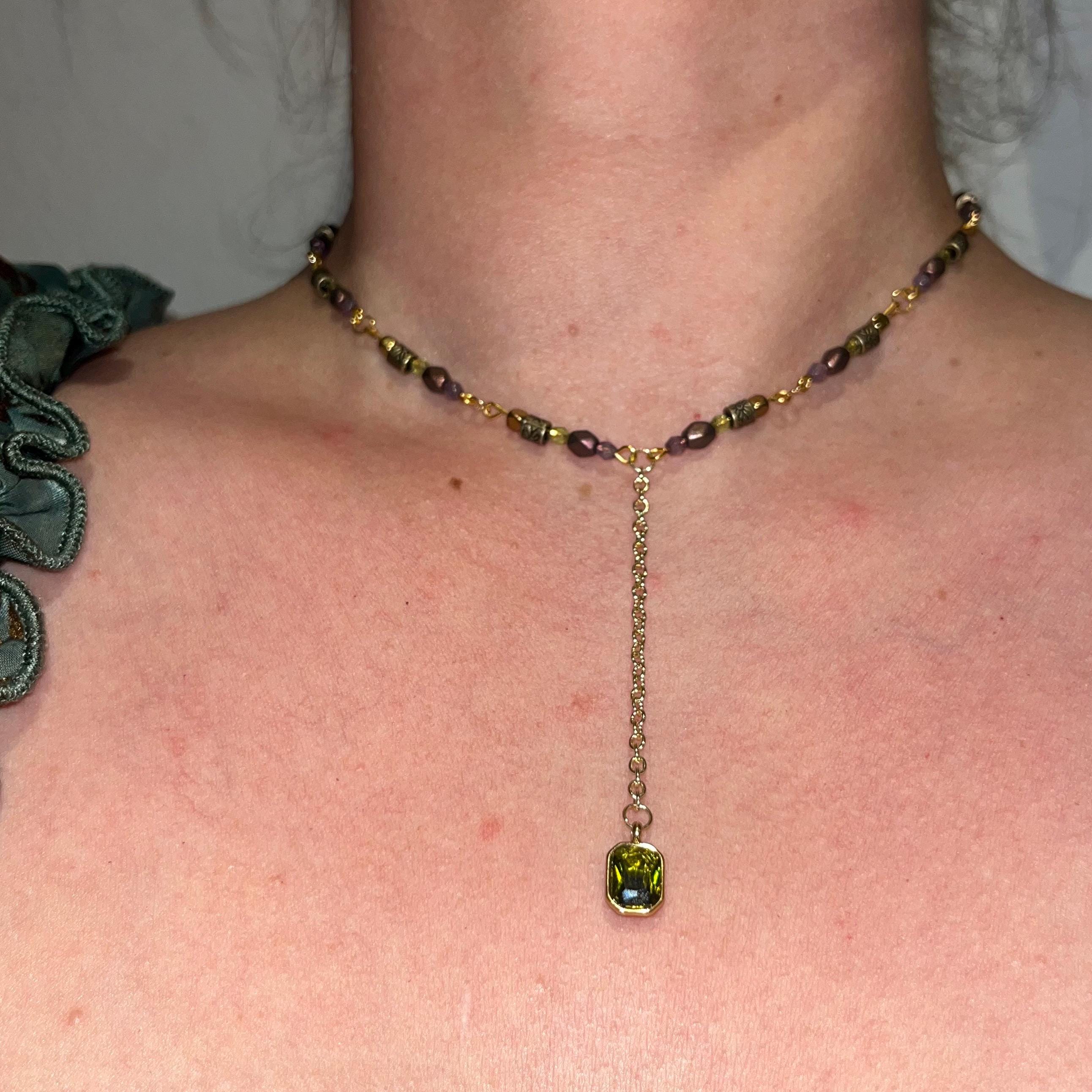 Sage Dewdrop Choker Necklace: Green Jewel Pendant Necklace with Gold, Purple, and Green Beading