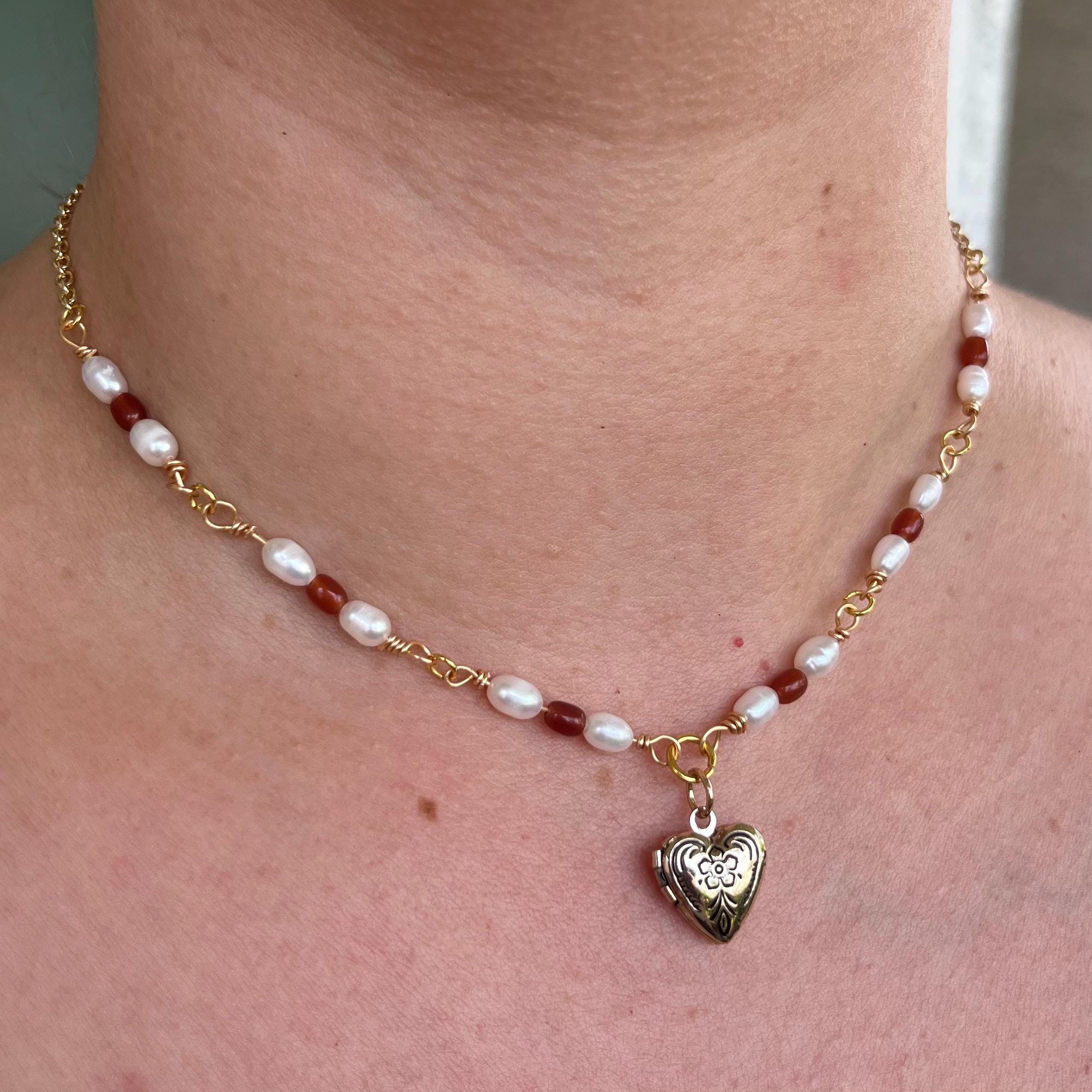 Heart of Gold Locket Necklace: With Freshwater Pearls and Amber Beading