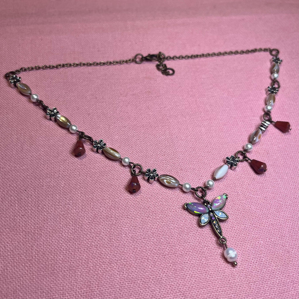 Winged Whisper: Opaline Dragonfly Necklace with Flower Beading