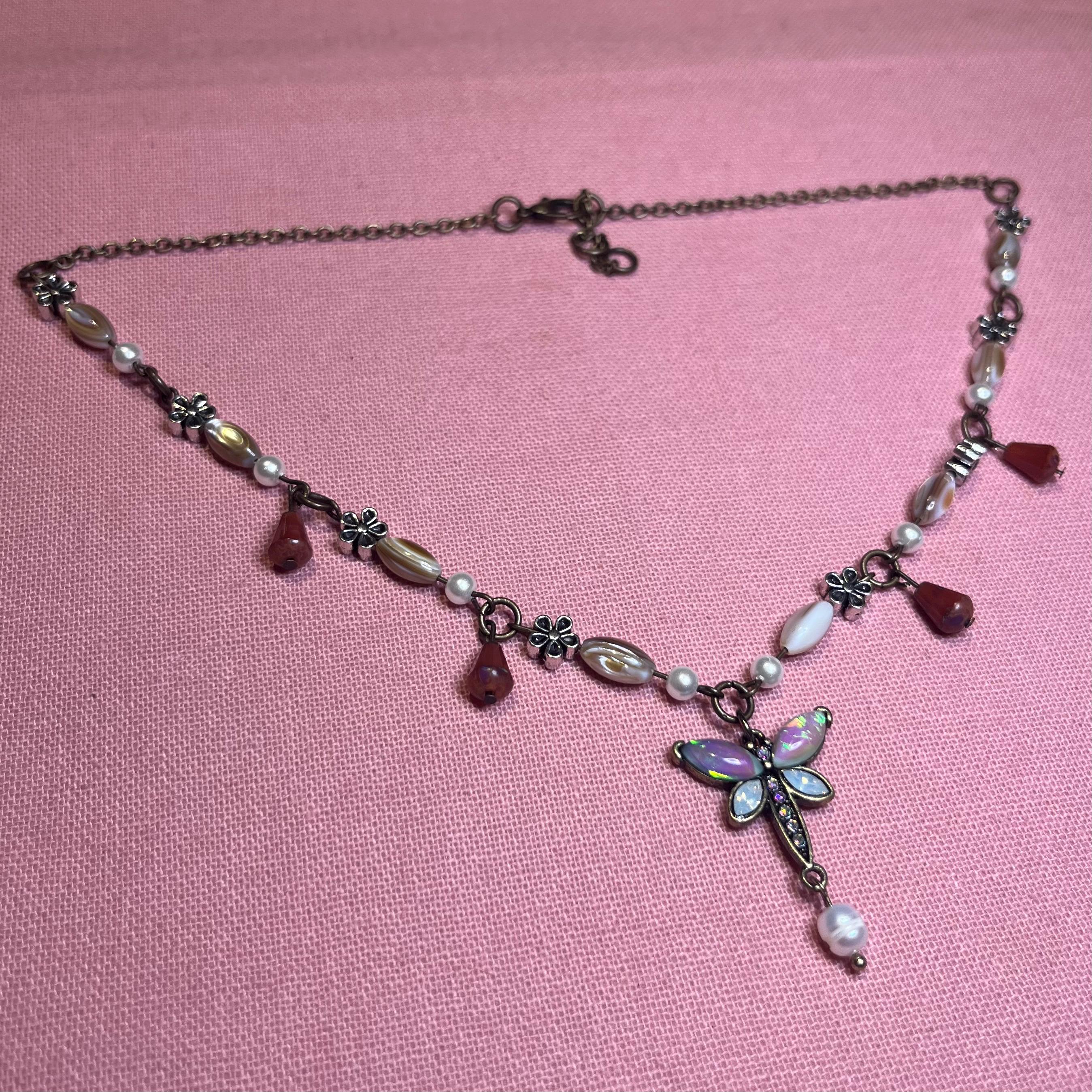 Winged Whisper: Opaline Dragonfly Necklace with Flower Beading