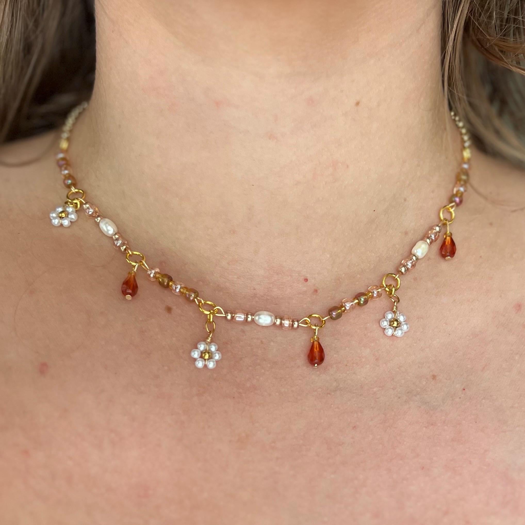 Sakura Fields Forever: Gold chain choker necklace with white flower beading