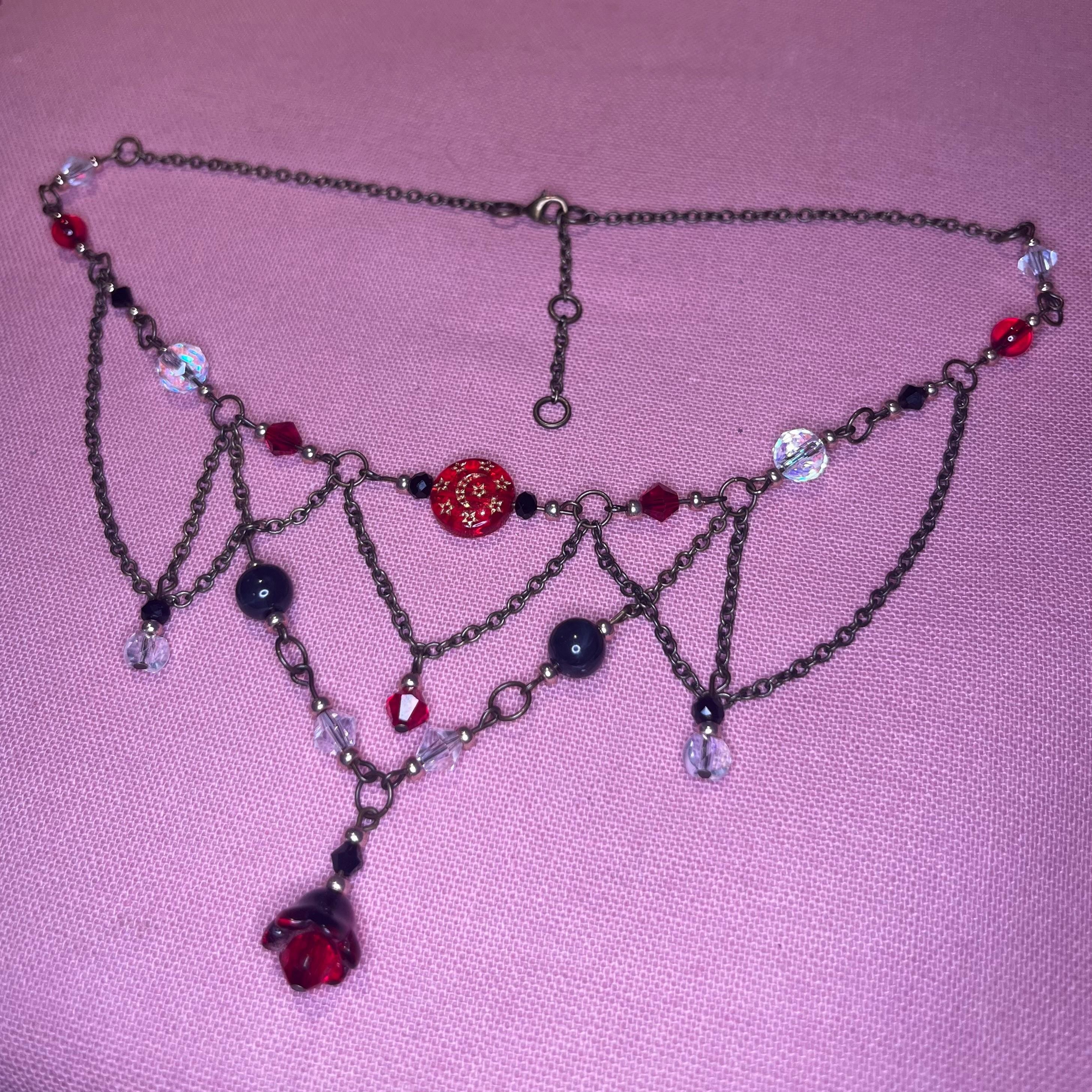 Sanguine Ballad: Red and Black Beaded Chain Choker Necklace