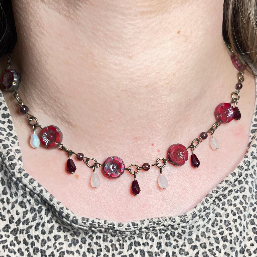 Red Flower Choker with White, Purple and Maroon beading