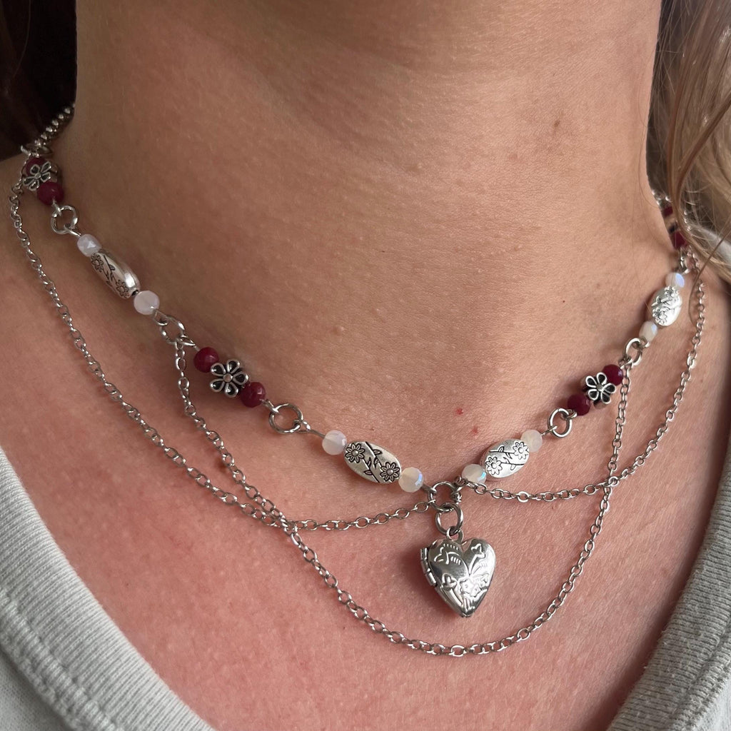Silver Secret: Silver Locket Necklace with Silver Chain and Flower Beading