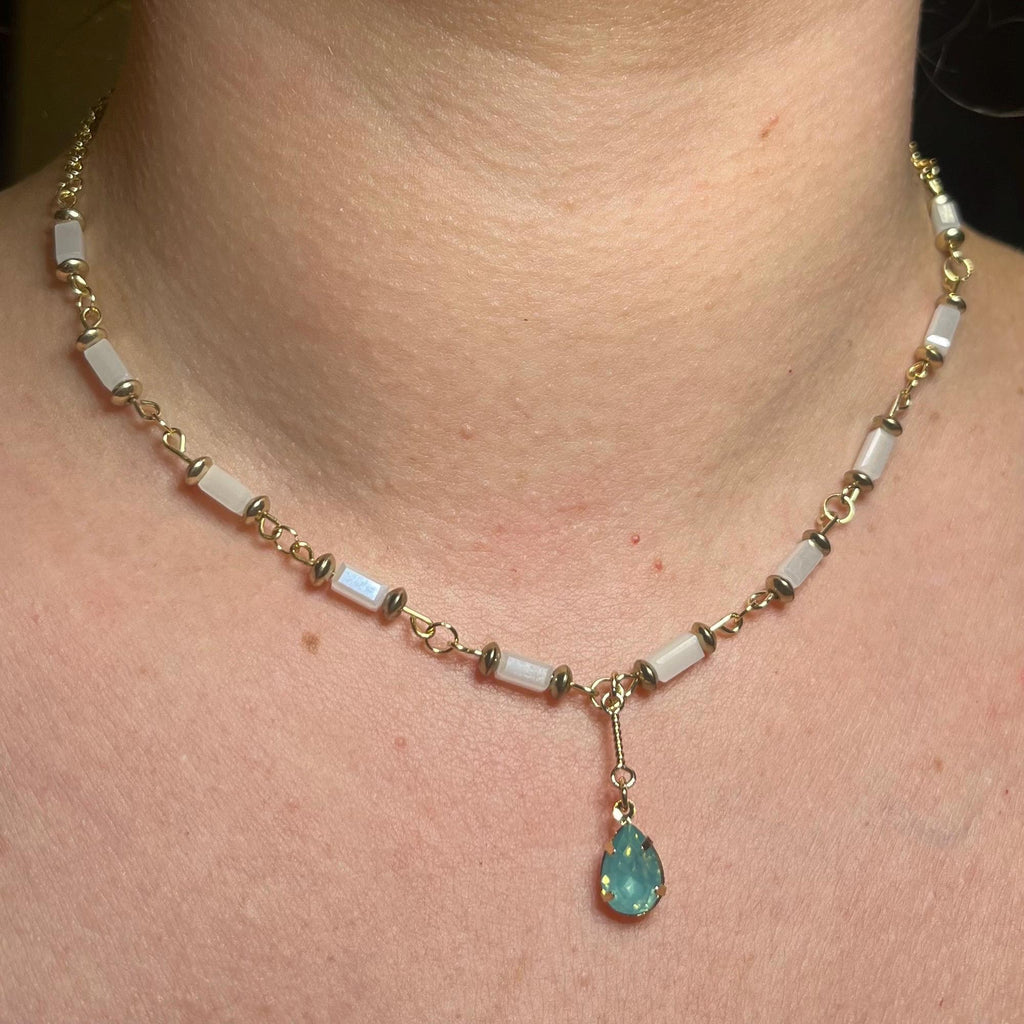 Mermaid Teardrop: White and Gold Beaded Necklace with Light Blue Jewel Pendant