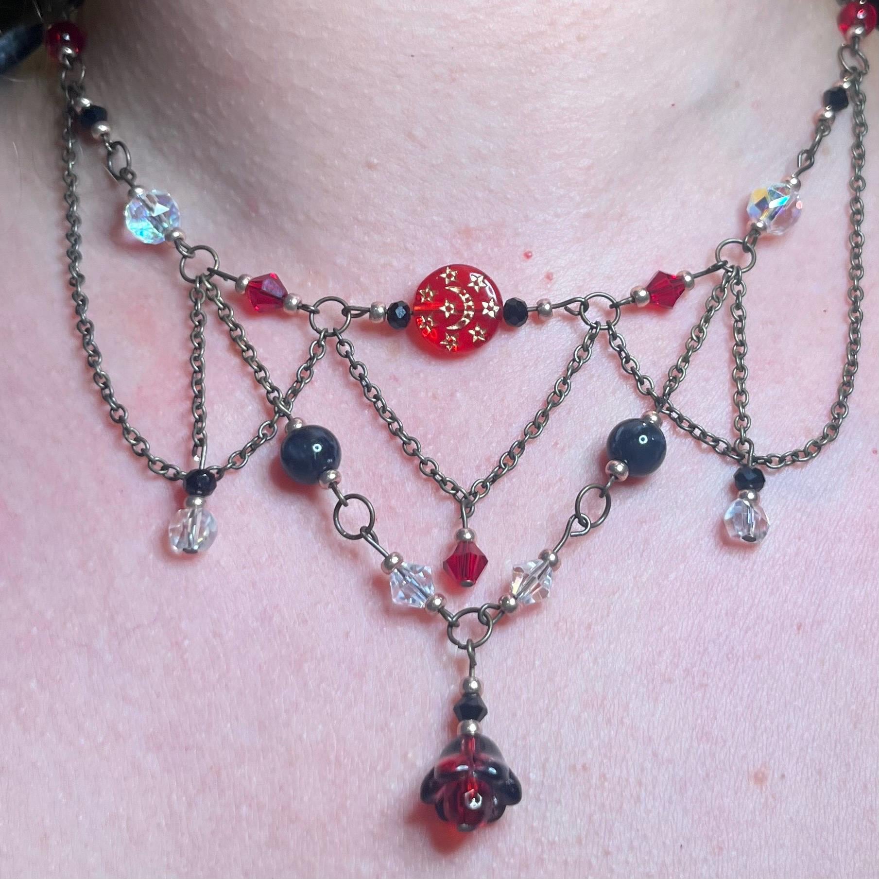 Sanguine Ballad: Red and Black Beaded Chain Choker Necklace