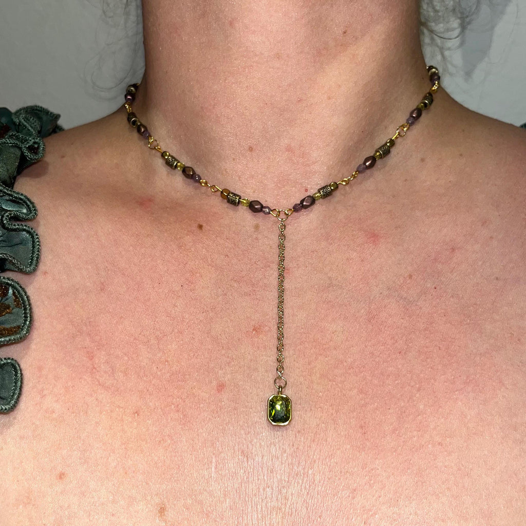 Sage Dewdrop Choker Necklace: Green Jewel Pendant Necklace with Gold, Purple, and Green Beading