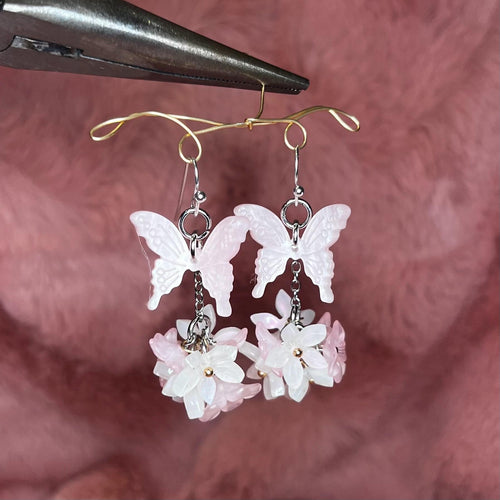 Butterfly Bloom Earrings: Pink Pastel Butterfly Earrings with Pink and White Flower Cluster