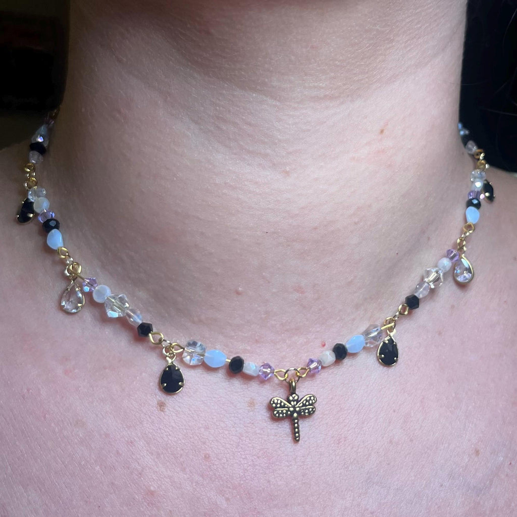 Midnight Meadow Necklace: Purple, Blue, and Black Beading with Dragonfly Pendant
