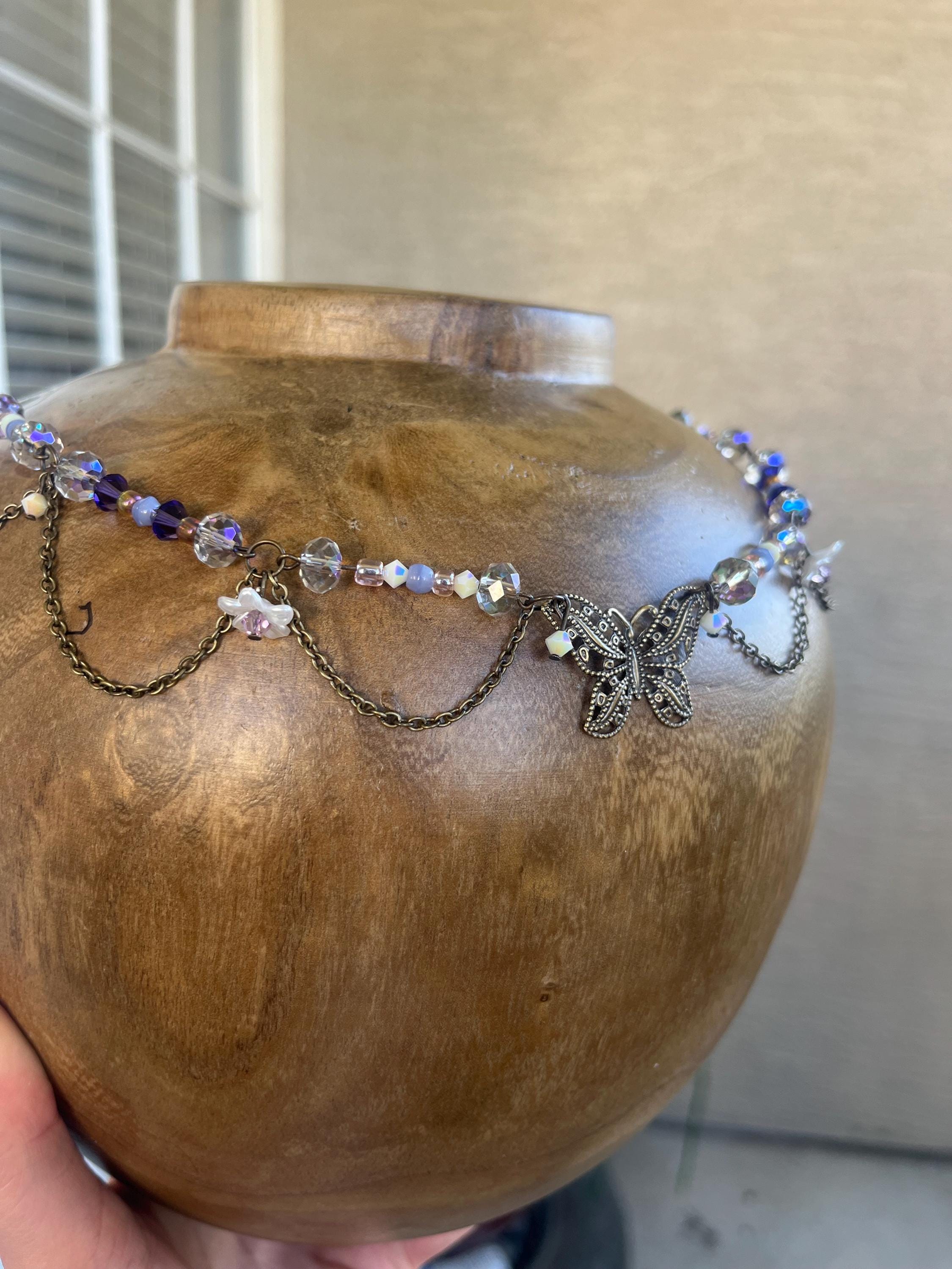 Purple Beaded Butterfly Pendant Choker Necklace
