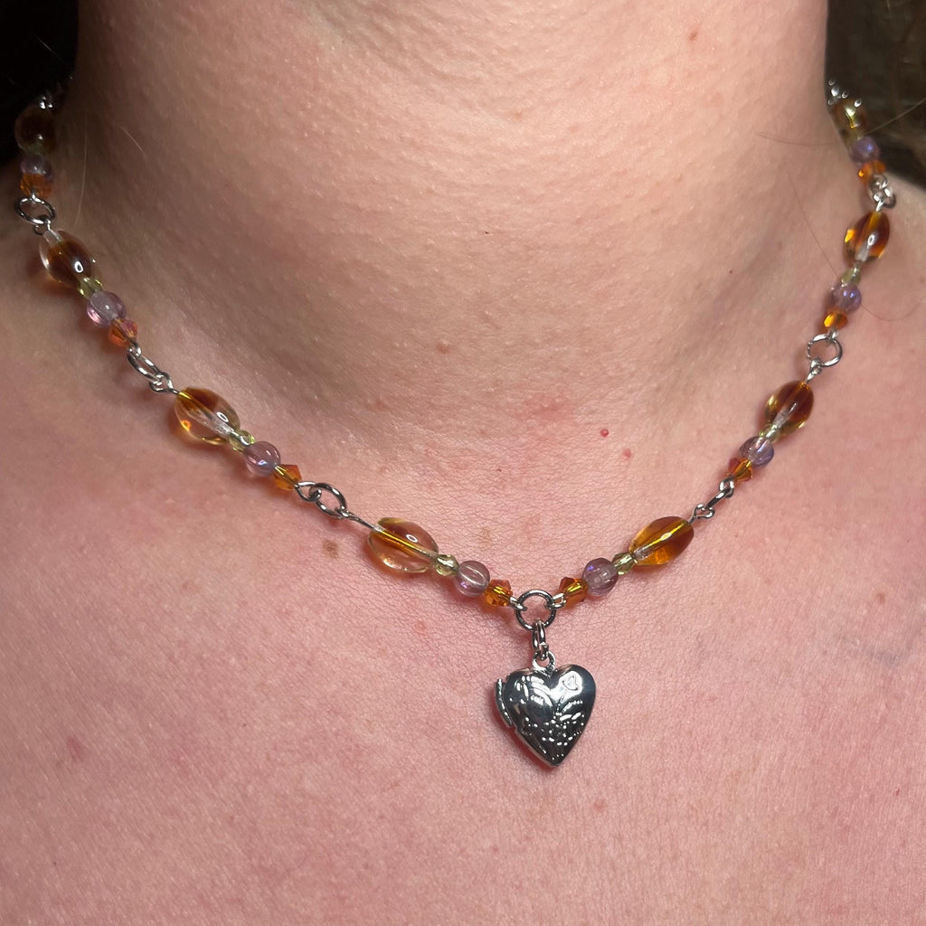 Pixie-Pocket Locket Necklace: Silver Locket Necklace with Earthy Toned Beading