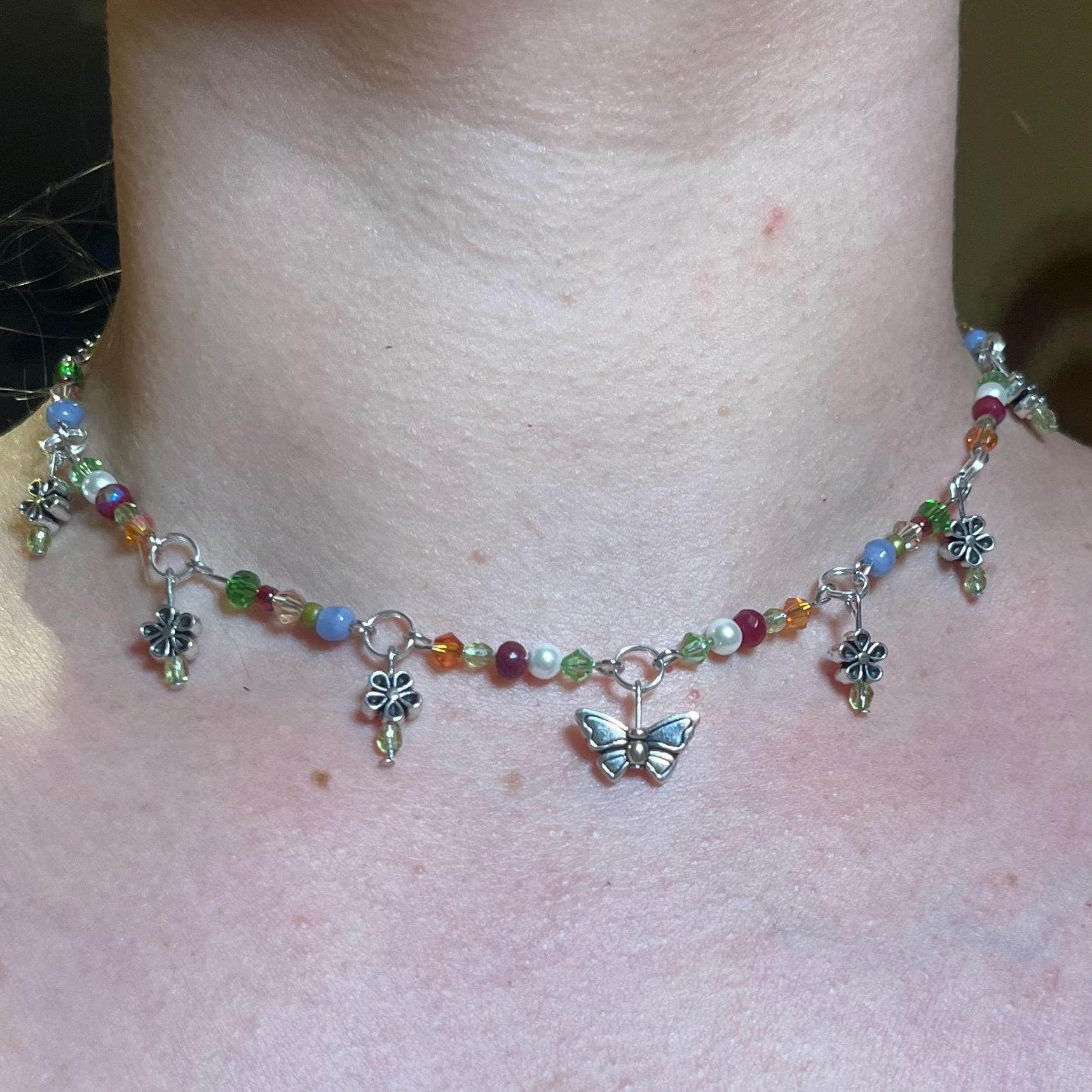 Spring Meadows: Flower Choker Necklace with Colorful Beading and Butterfly Center Piece