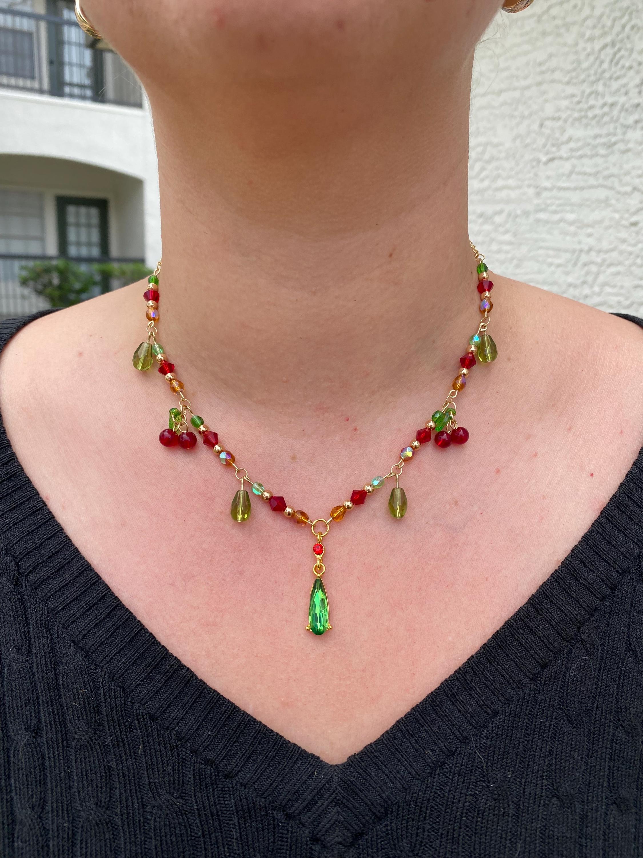 Cherry Fairy Garden: Green, Red, Orange and Cherry Beading with Green/Red Drop Pendant Necklace