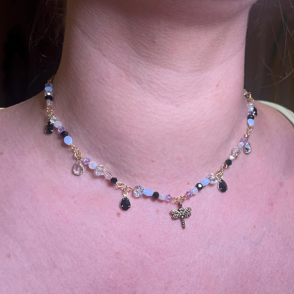 Midnight Meadow Necklace: Purple, Blue, and Black Beading with Dragonfly Pendant